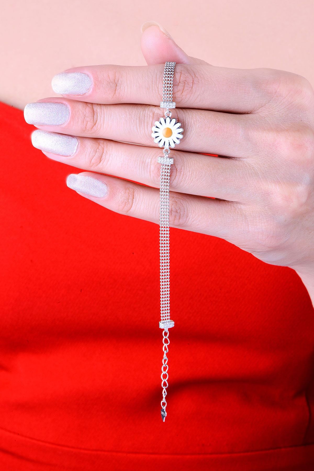 925 Ayar Gümüş Toplu Rodyum Kaplama Papatya Bileklik