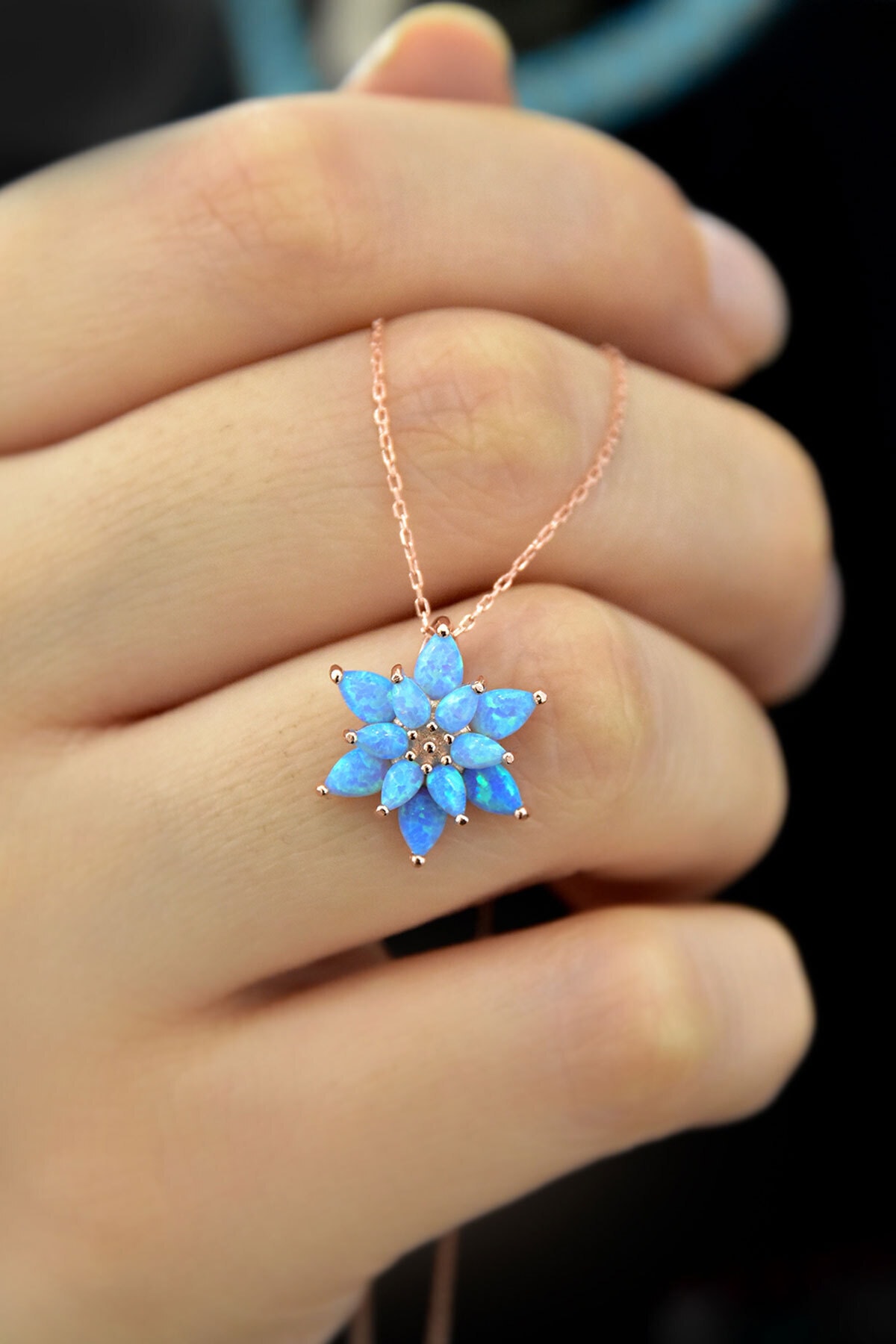 925 Ayar Gümüş Turkuaz Doğal Opal Taşlı Lotus Kolye