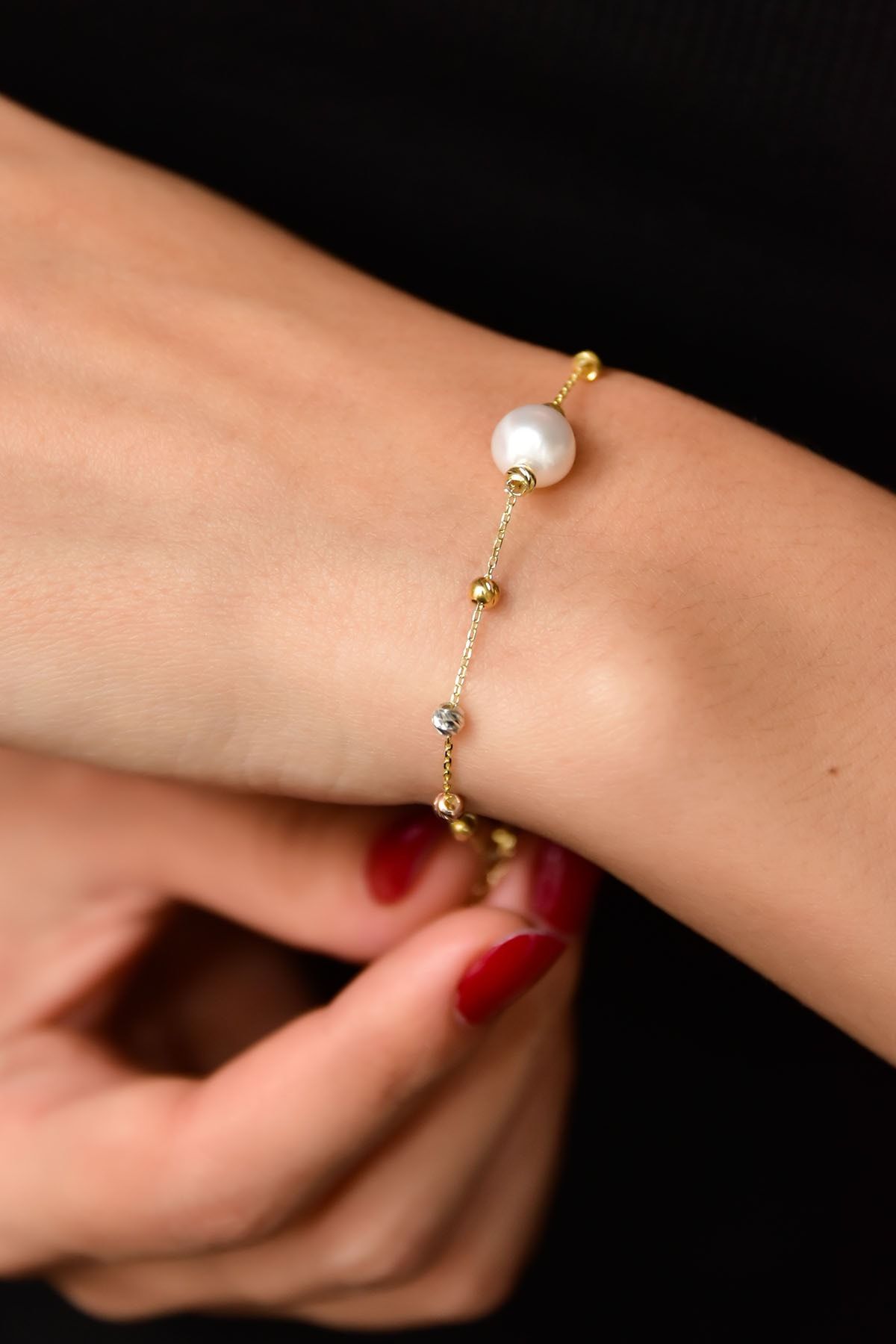 925 Ayar Gümüş Üç Renk Dorika Toplu Incili Kadın Bileklik