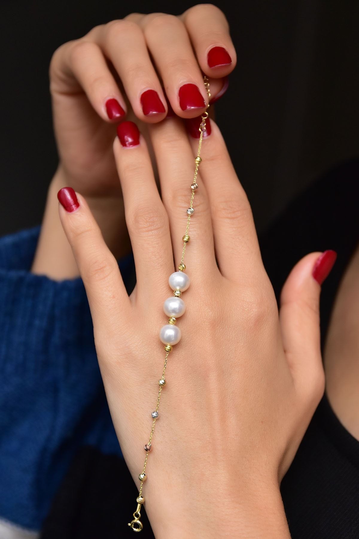 925 Ayar Gümüş Üç Renk Dorika Toplu Incili Kadın Bileklik