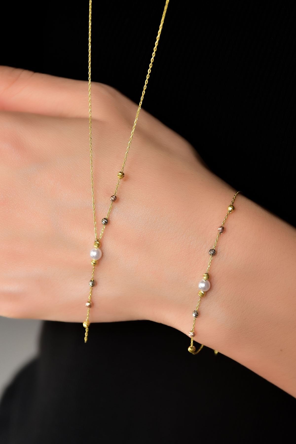 925 Ayar Gümüş Üç Renk Dorika Toplu Incili Kolye Bileklik Set