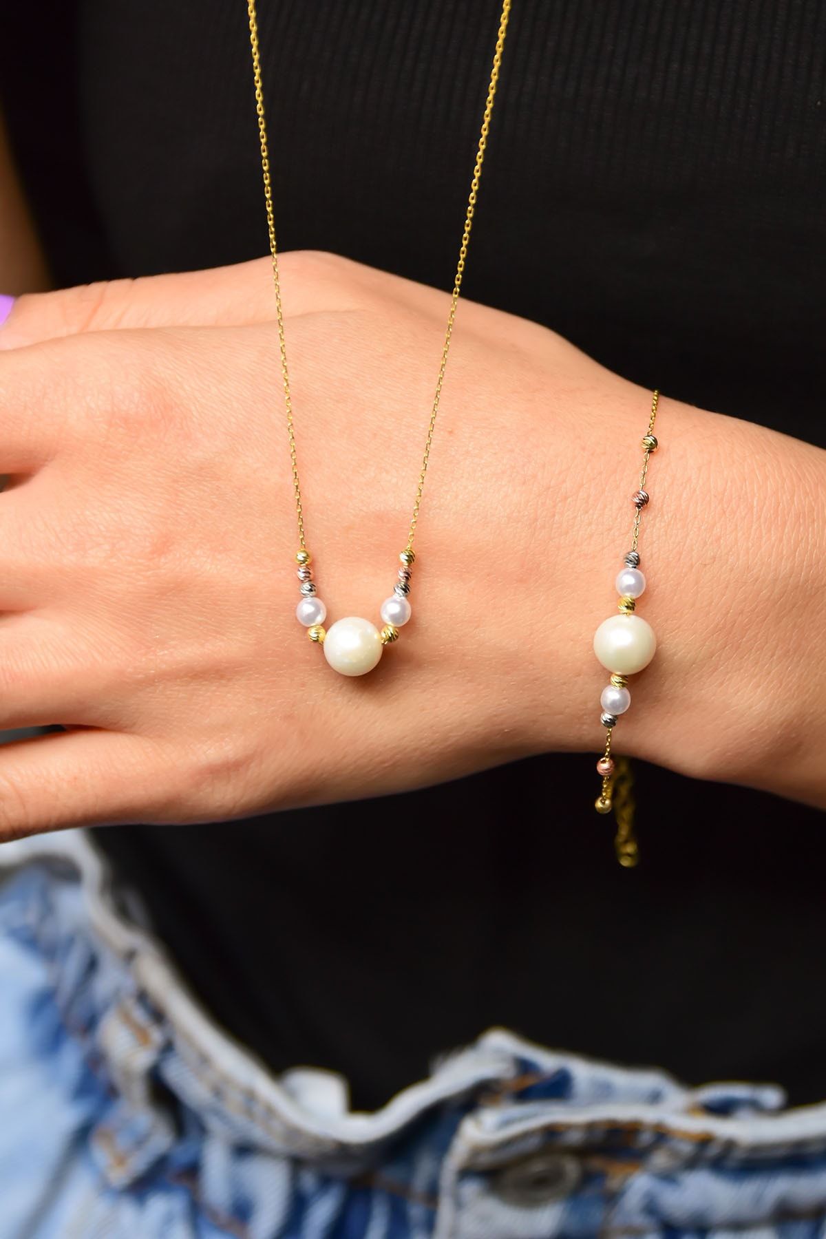 925 Ayar Gümüş Üç Renk Dorika Toplu Incili Kolye Ve Bileklik Set