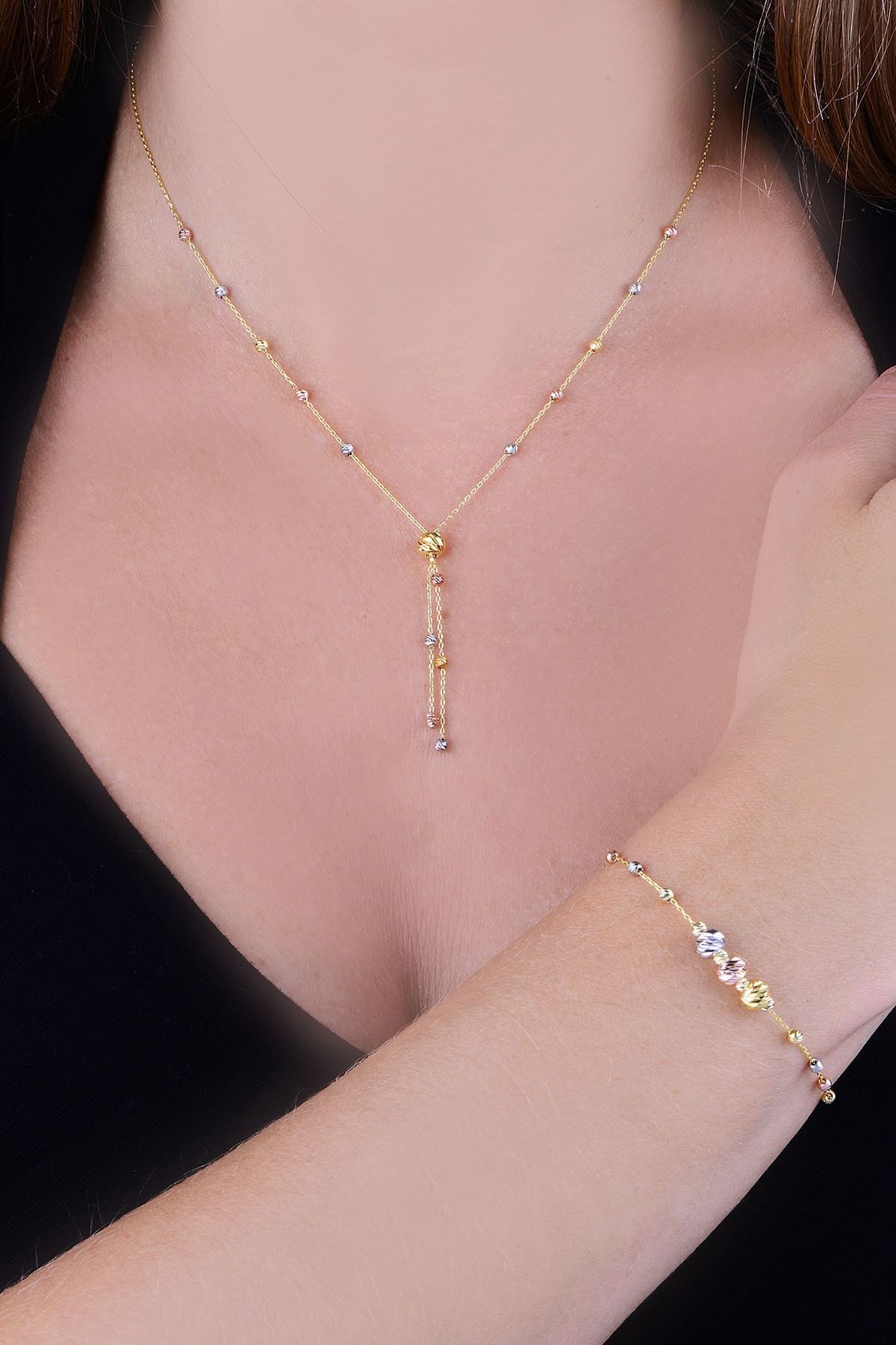 925 Ayar Gümüş Üç Renk Dorika Toplu Kolye Bileklik Set