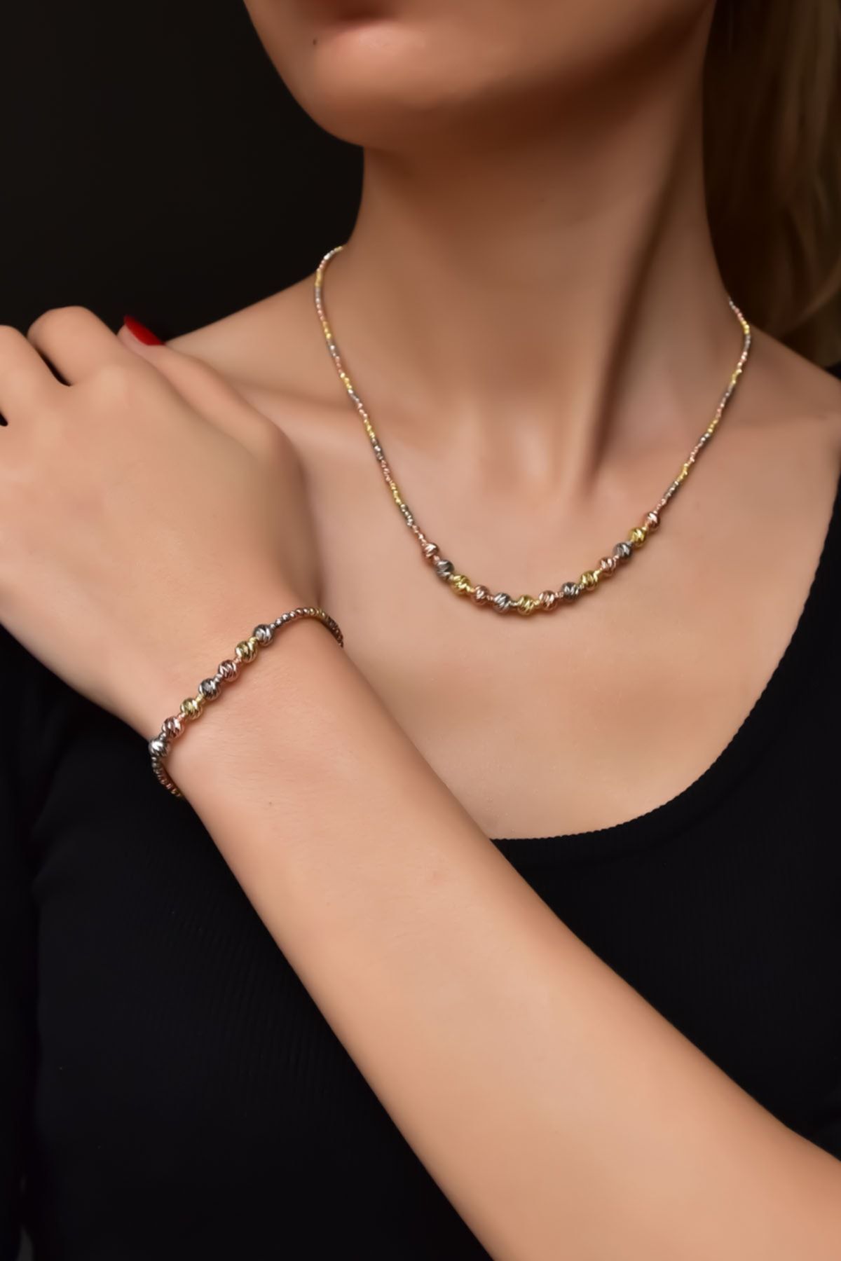 925 Ayar Gümüş Üç Renk Iki Boy Dorika Toplu Kolye Ve Bileklik Set