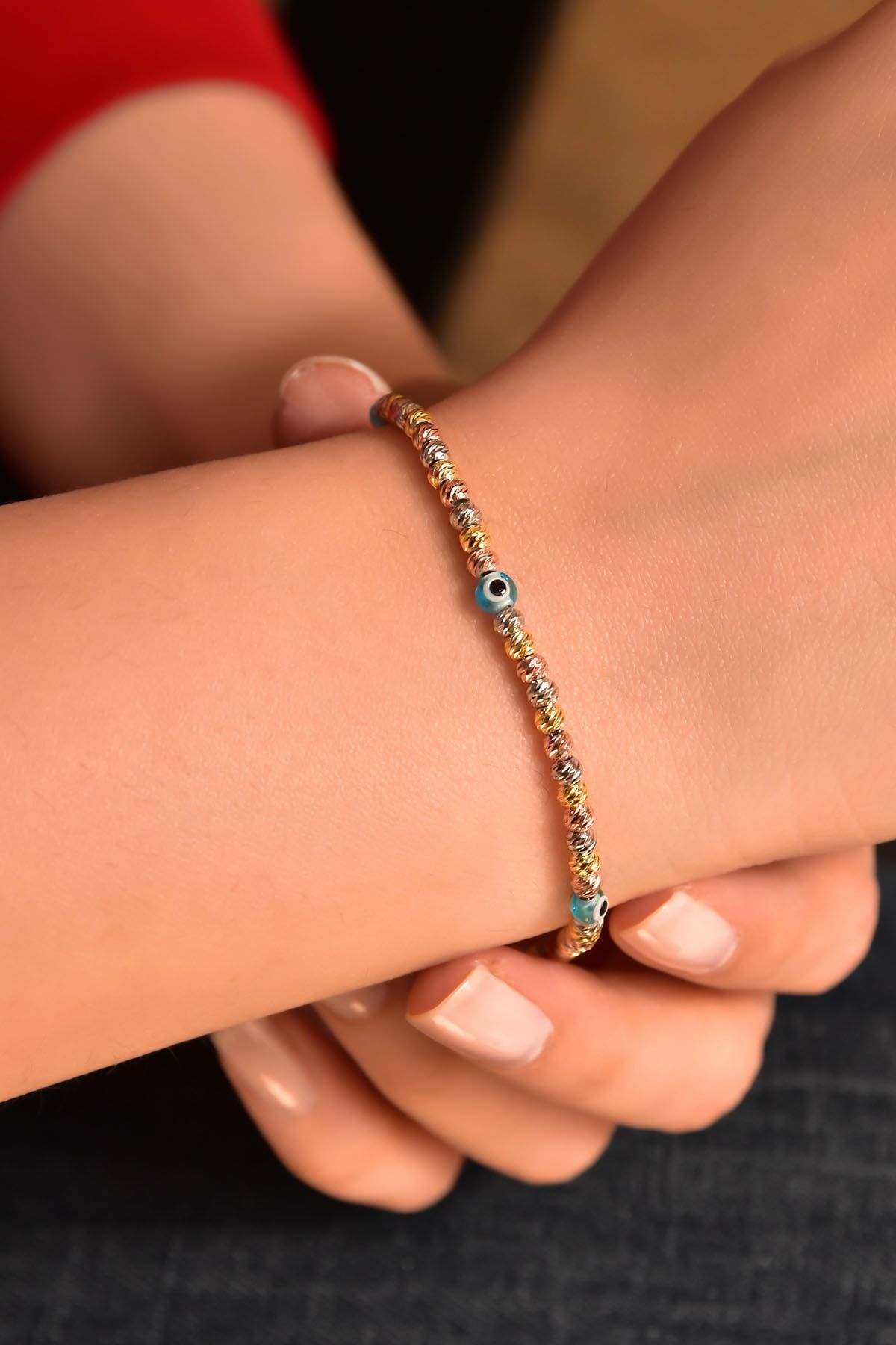 925 Ayar Gümüş Üç Renk Kaplama Dorika Toplu Nazar Gözlü Kadın Bileklik