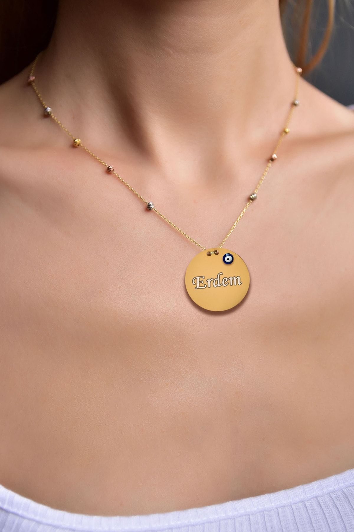 925 Ayar Gümüş Üç Renk Kayan Dorika Toplu Mineli Nazar Isimli Plaka Kolye