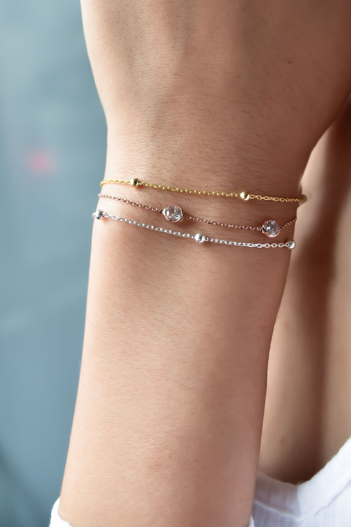 925 Ayar Gümüş Üç Renk Toplu Taşlı Zincir Bileklik