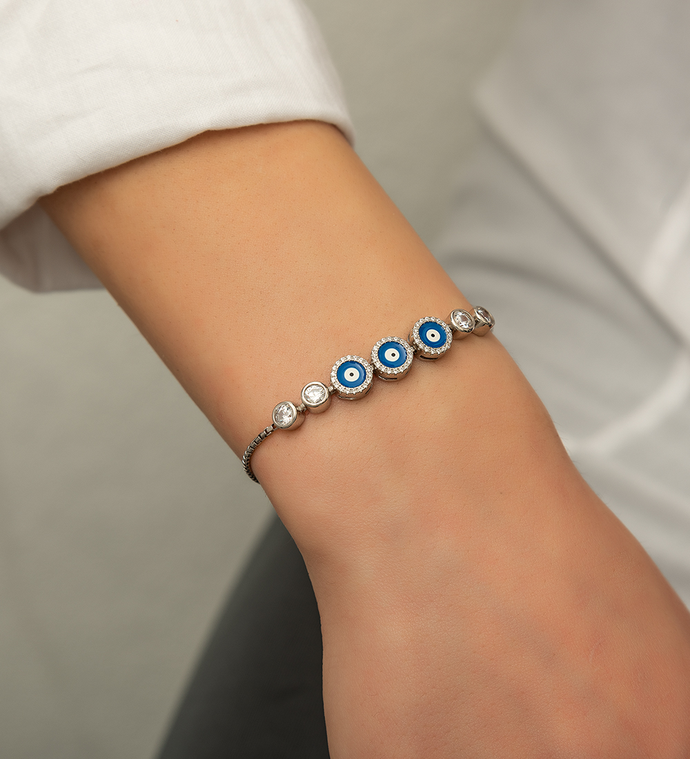 925 Ayar Gümüş Üçlü Nazar Mineli Bileklik.rose.gold.rodaj