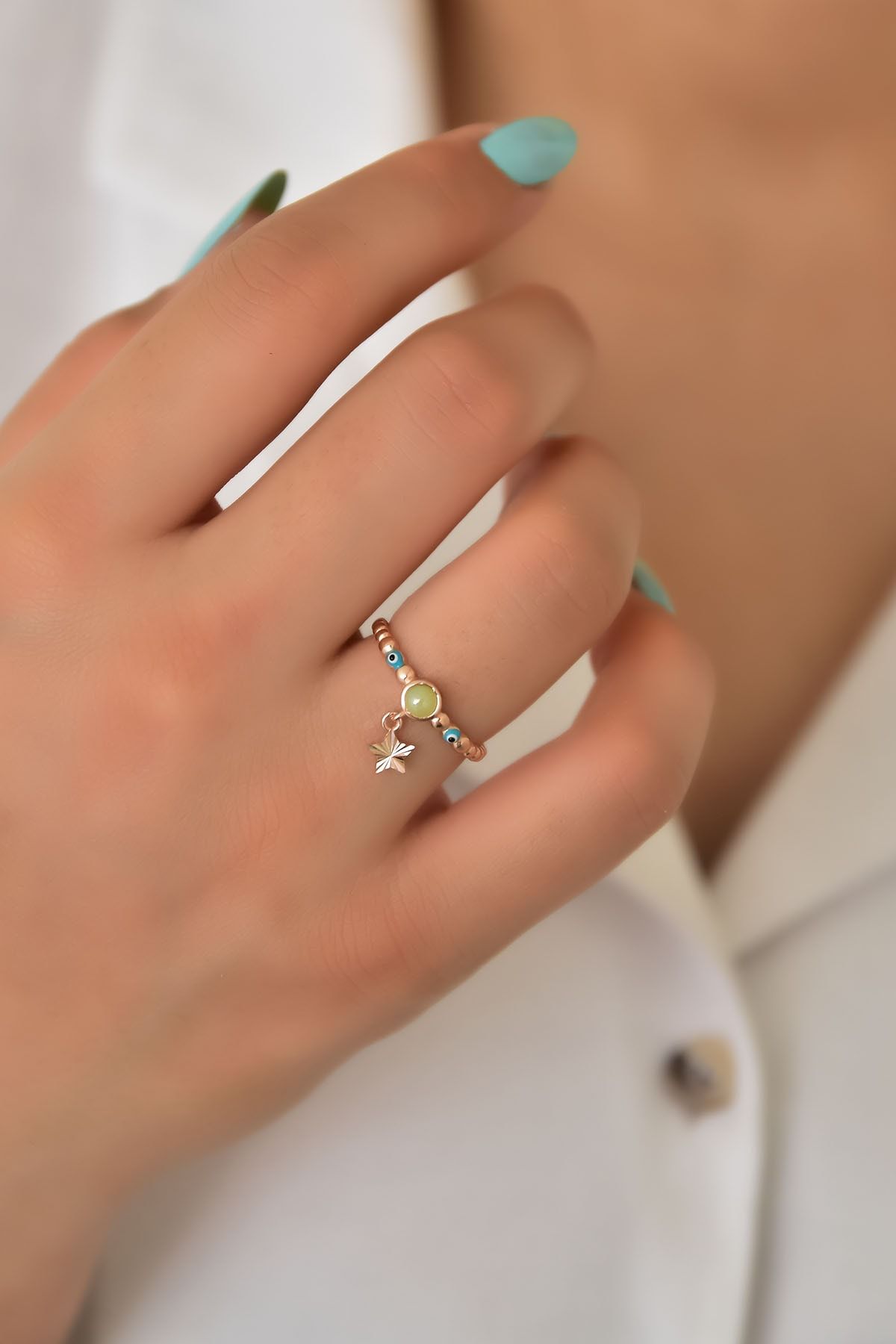 925 Ayar Gümüş Yeşil Ay Taşlı Yıldız Motifli Mineli Gözlü Ayarlanabilir Kadın Yüzük