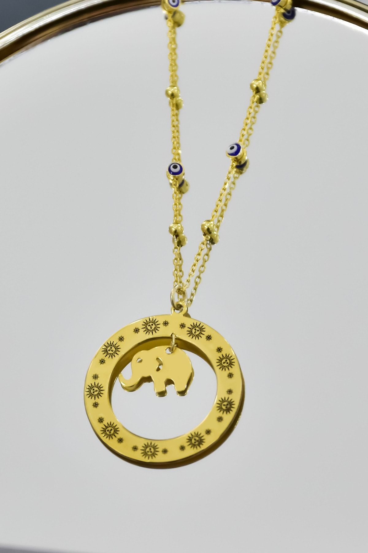 925 Ayar Gümüş Yunan Mitolojisi Helios Çemberli,Gücün Tılsımı Fil Sembolü Nazar Mineli Zincir Kolye