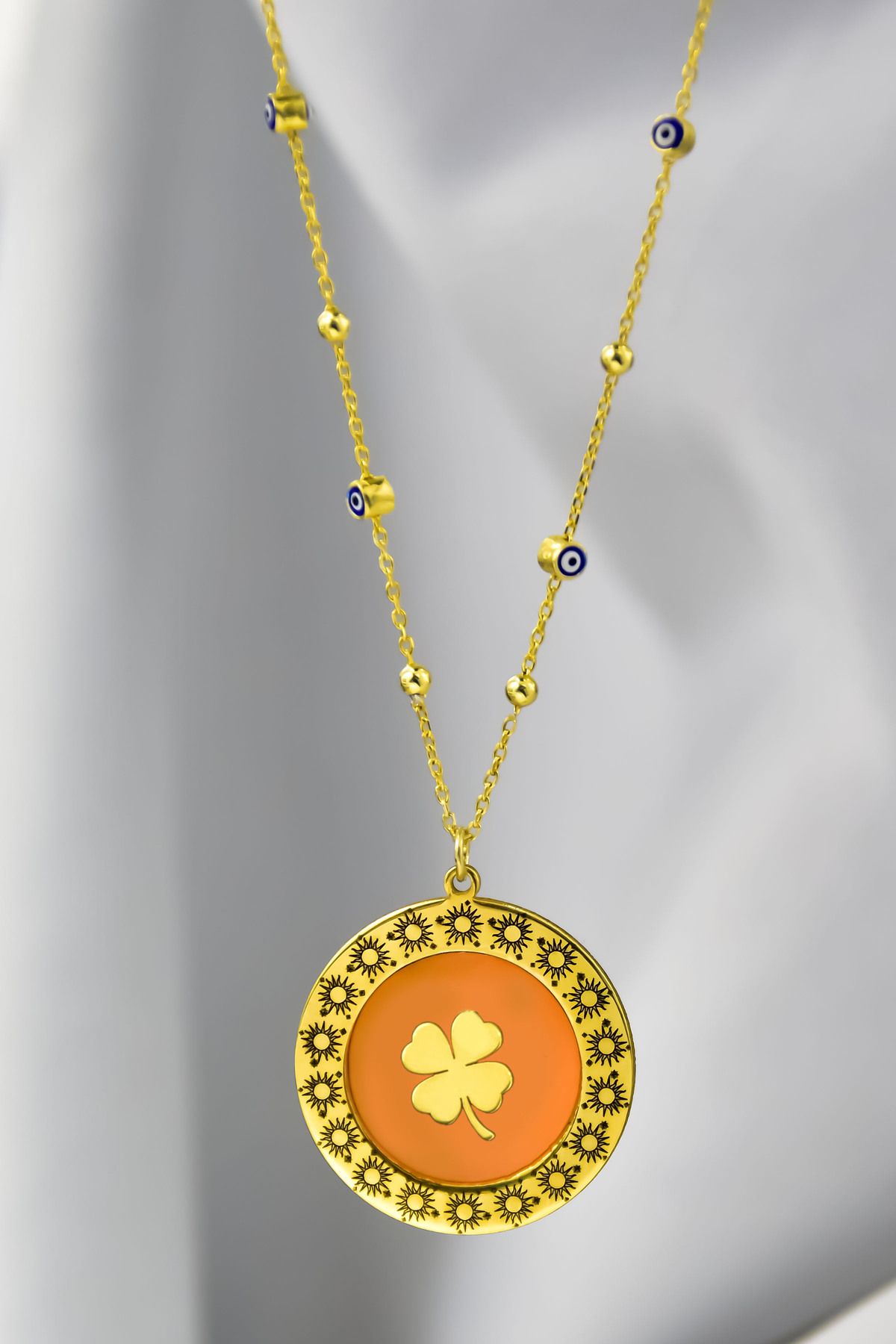 925 Ayar Gümüş Yunan Mitolojisi Helios Çemberli, Yonca Sembolü Nazar Mineli Zincir Kolye