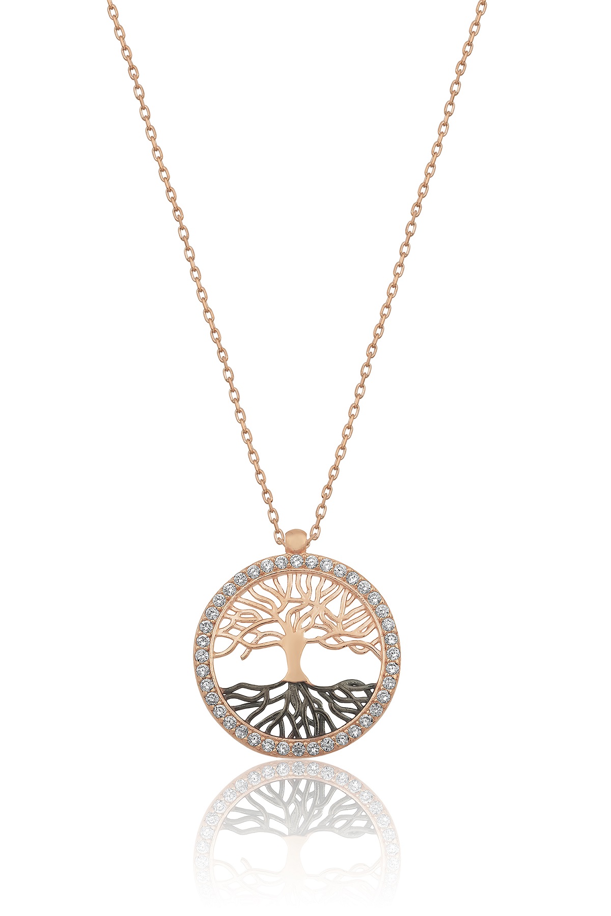 925 Ayar Gümüş Zirkon Taşlı Rose Kaplama Hayat Ağacı Kolye