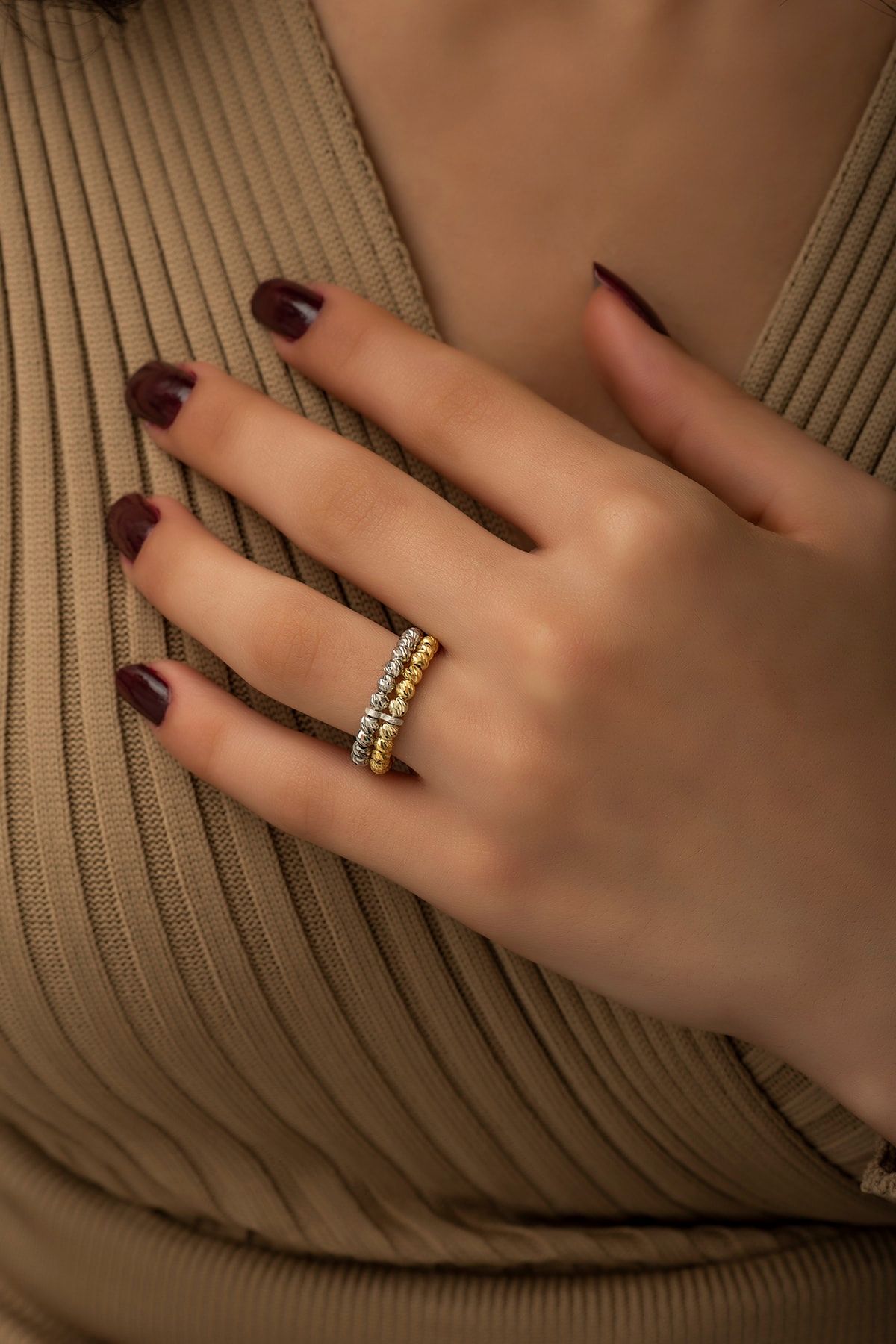 925 Ayar İki Sıra Ayarlanabilir Dorica Toplu Gümüş Yüzük