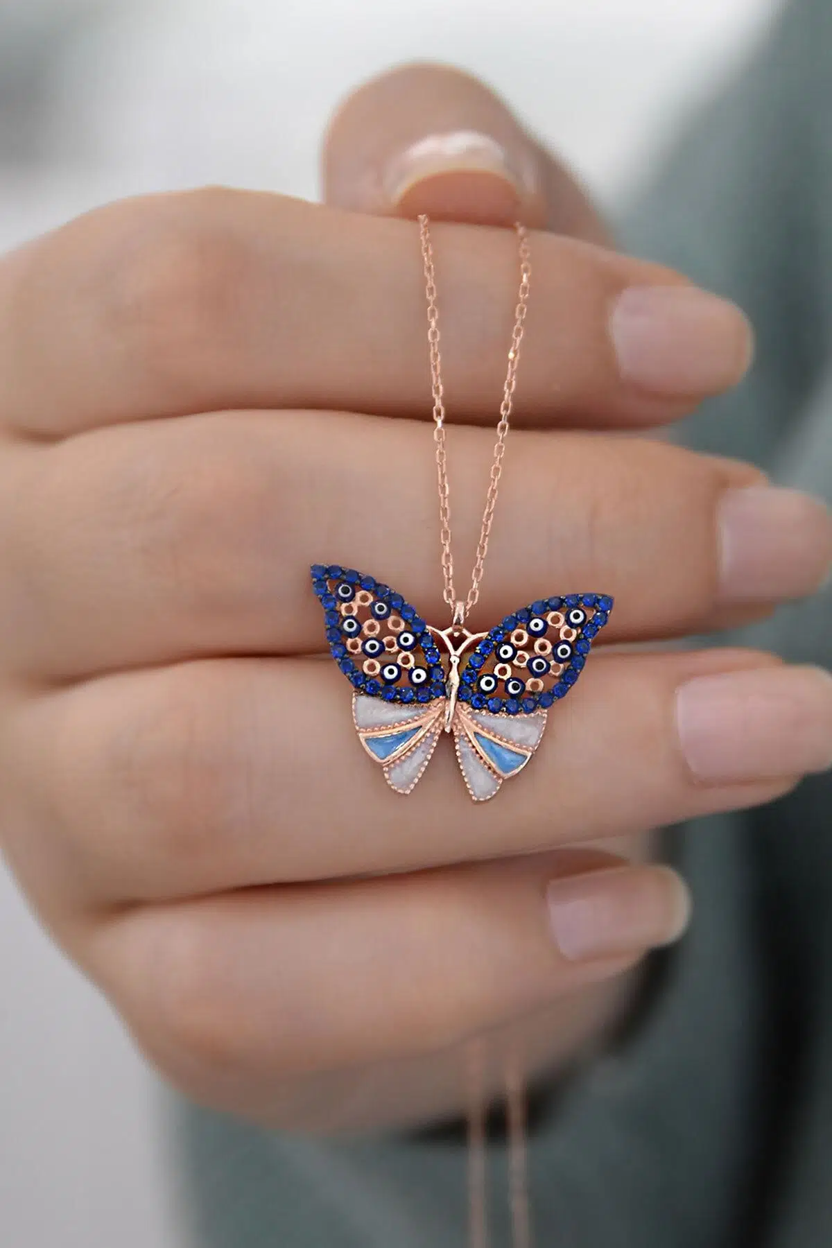 925 Ayar Lacivert Taşlı Gümüş Kelebek Kolye.rose.gold.rodaj