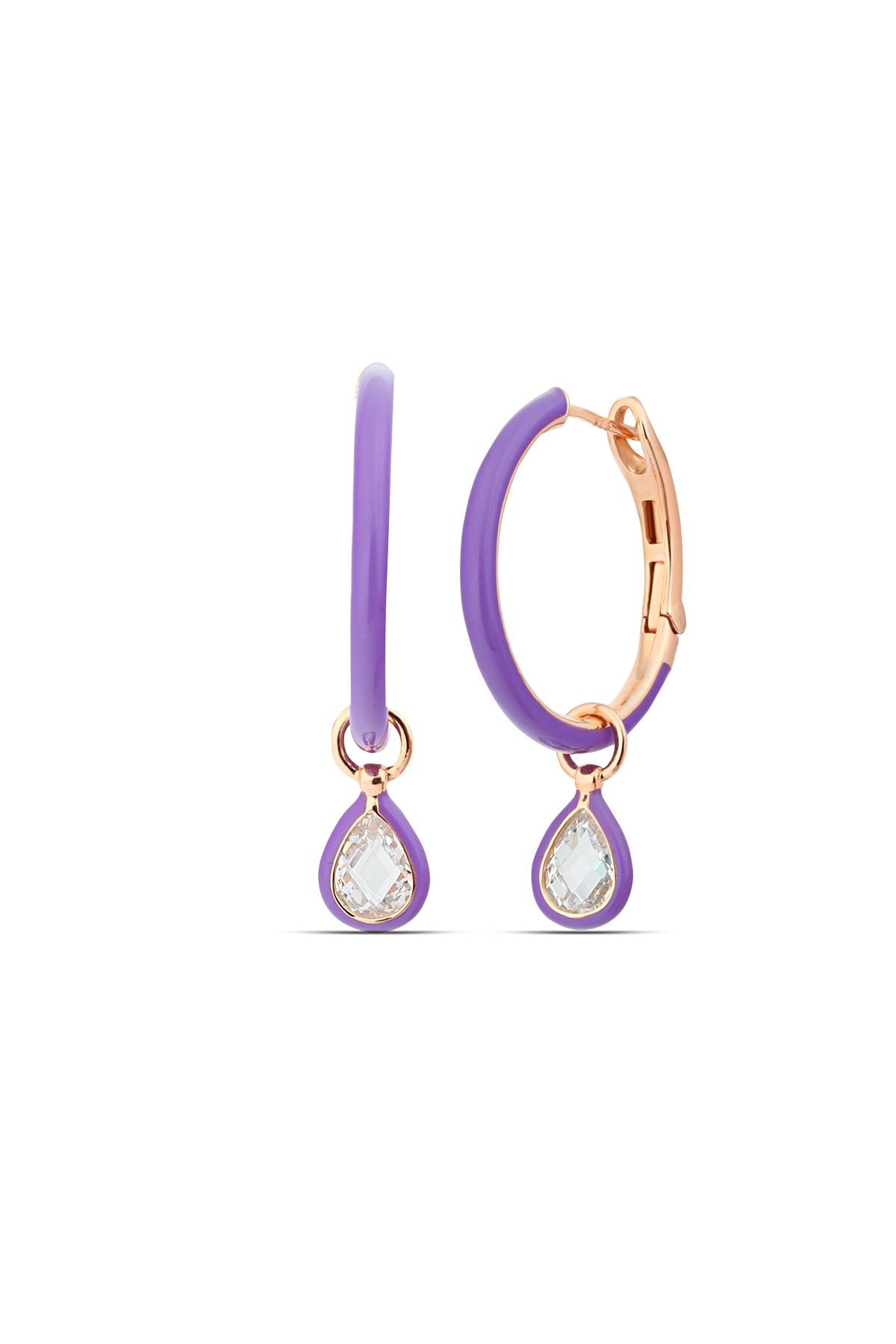 925 Ayar Lila Halka Model Taşlı Gümüş Kadın Küpe