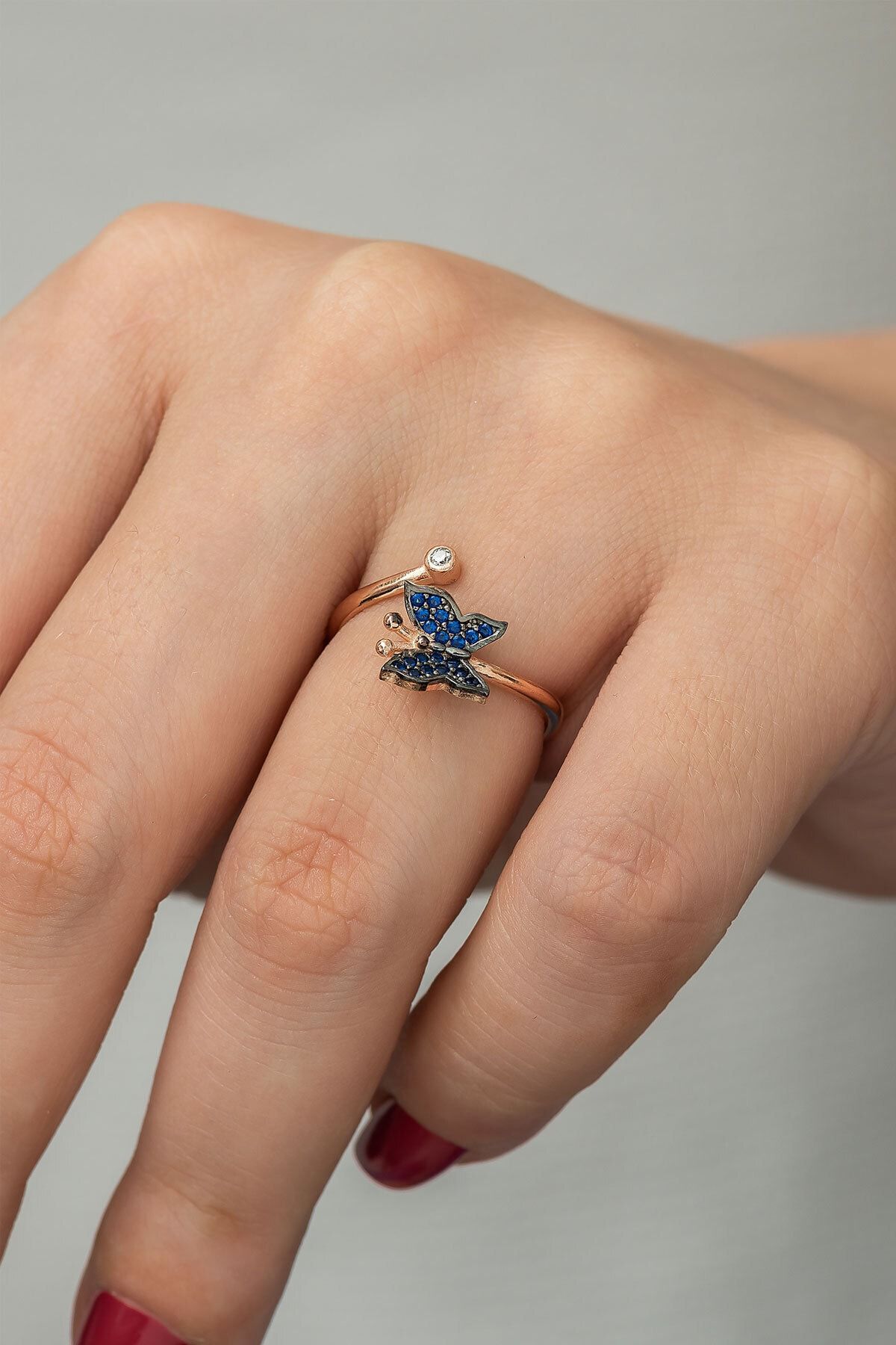 925 Ayar Mavi Taşlı Gümüş Kelebek Kadın Yüzük Rose Kaplama