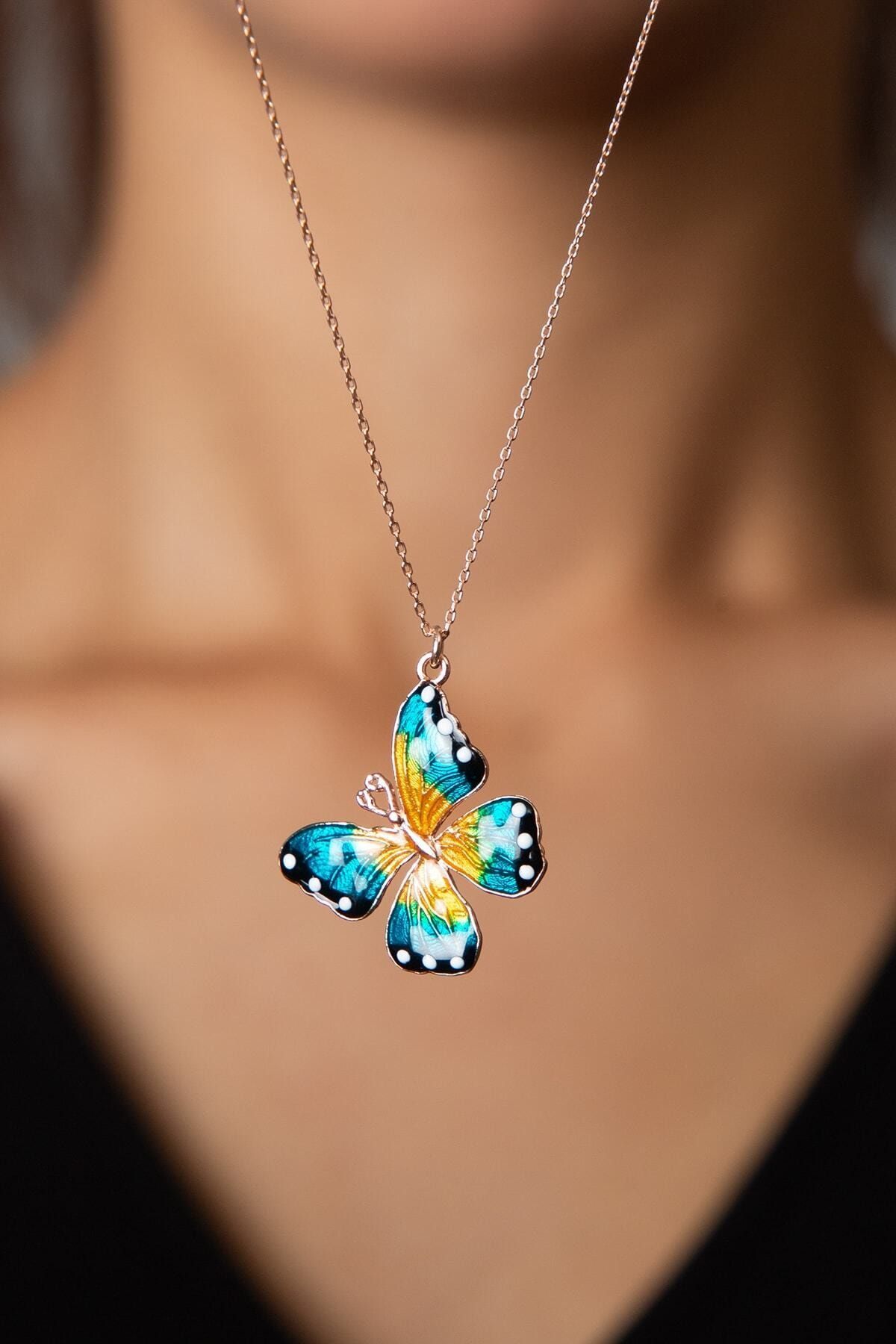 925 Ayar Mineli Kelebek Model Gümüş Kolye