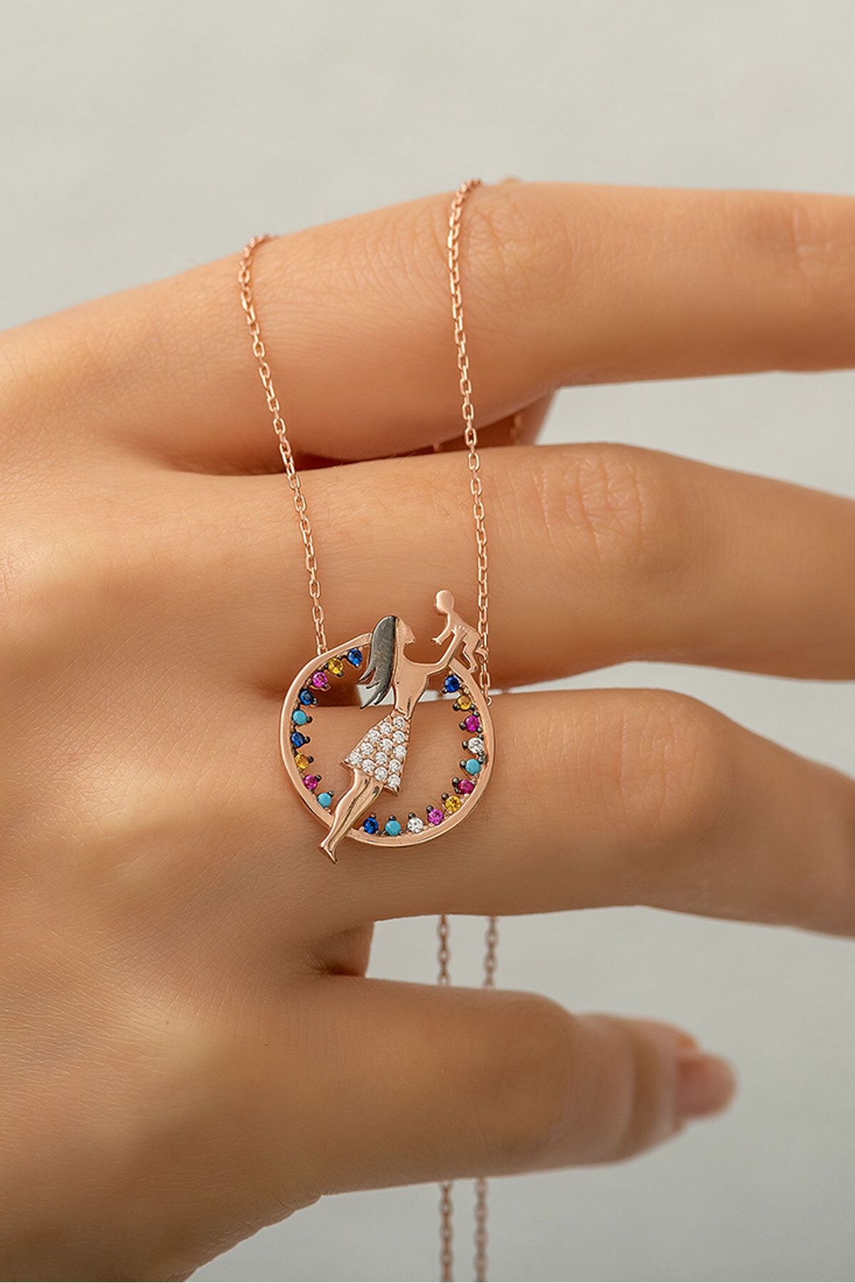 925 Ayar Mix Taşlı Gümüş Anne Çocuk Kolye