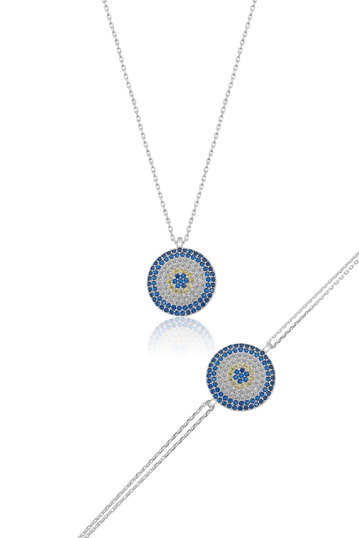 925 Ayar Nazar Kolye Bileklik Gümüş Set