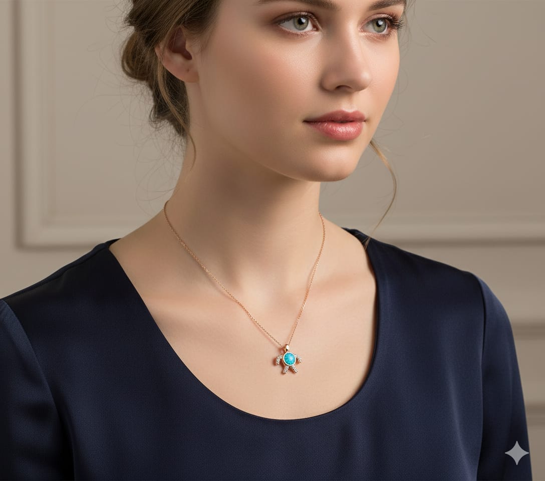 925 Ayar Opal Taşlı Gümüş Kaplumbağa Kolye