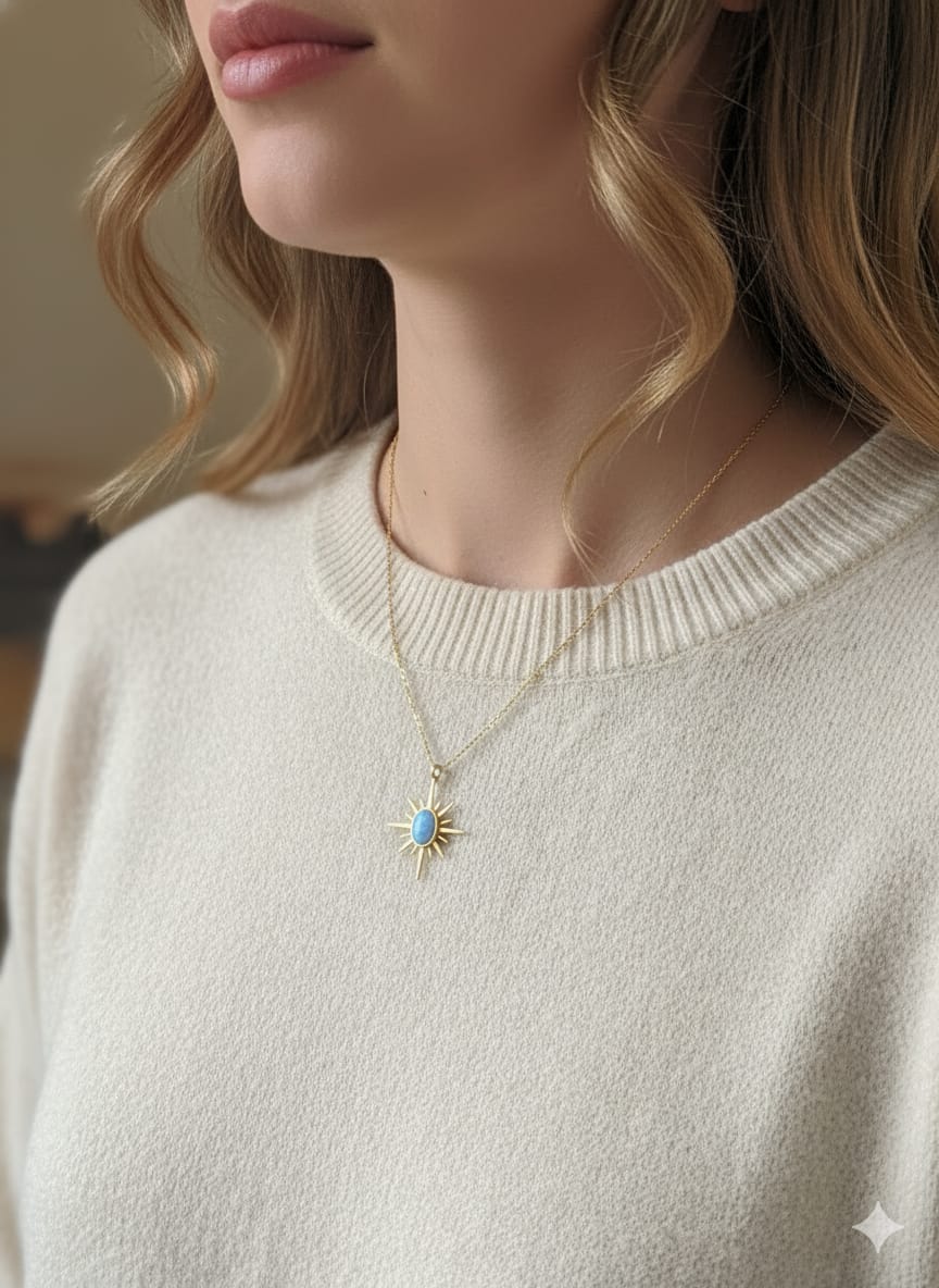 925 Ayar Opal Taşlı Gümüş Kutup Yıldızı Kolye.gold.rose.rodaj