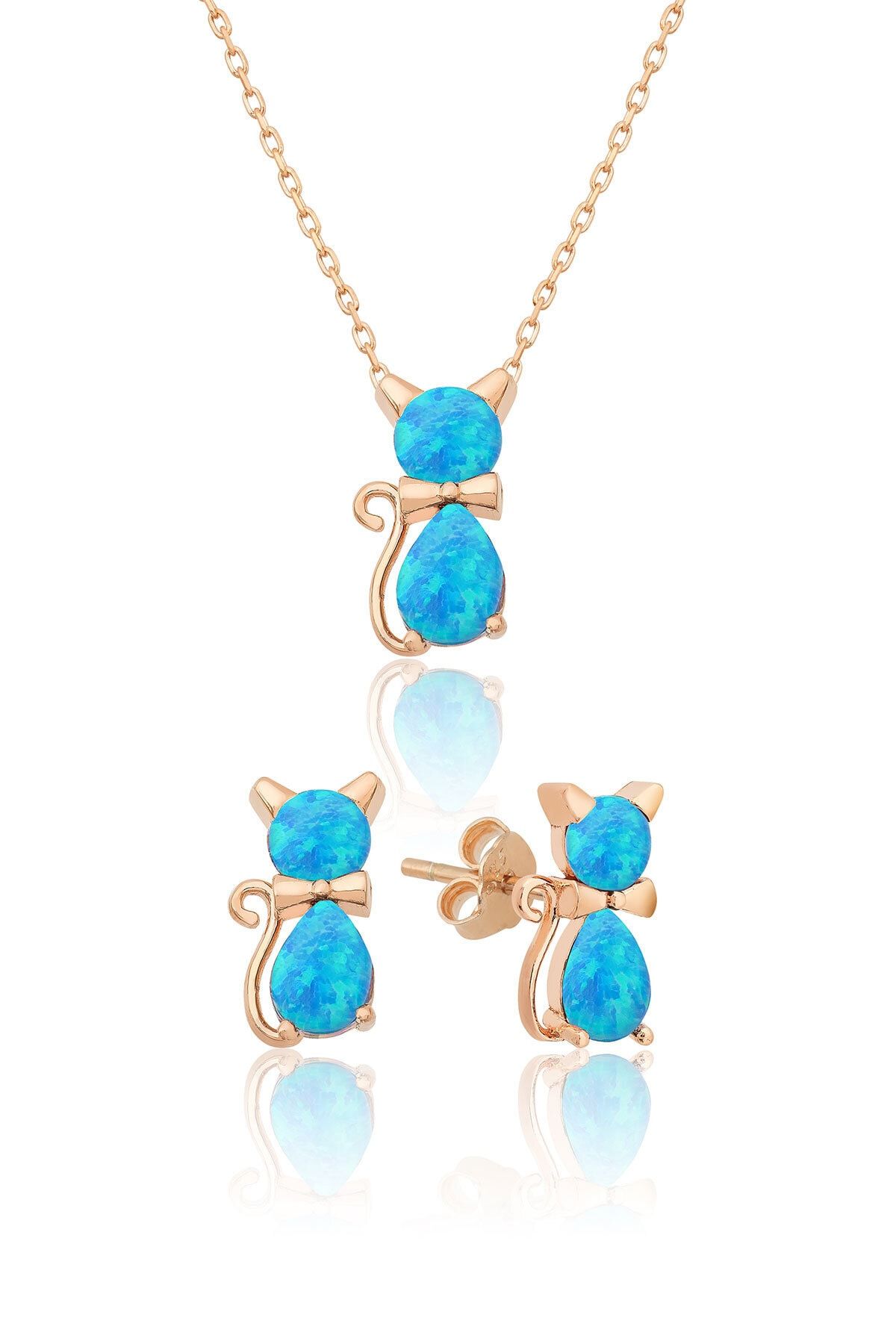925 Ayar Opal Taşlı Kedi Gümüş Kadın Küpe Kolye Set Rose Altın
