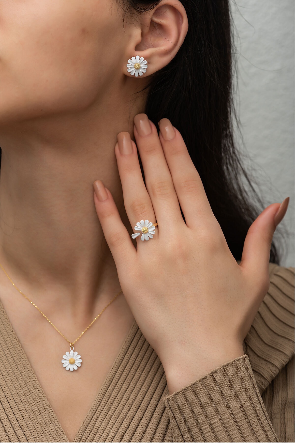 925 Ayar Özel Tasarım Altın Kaplama Nano Mineli Gümüş Papatya Set