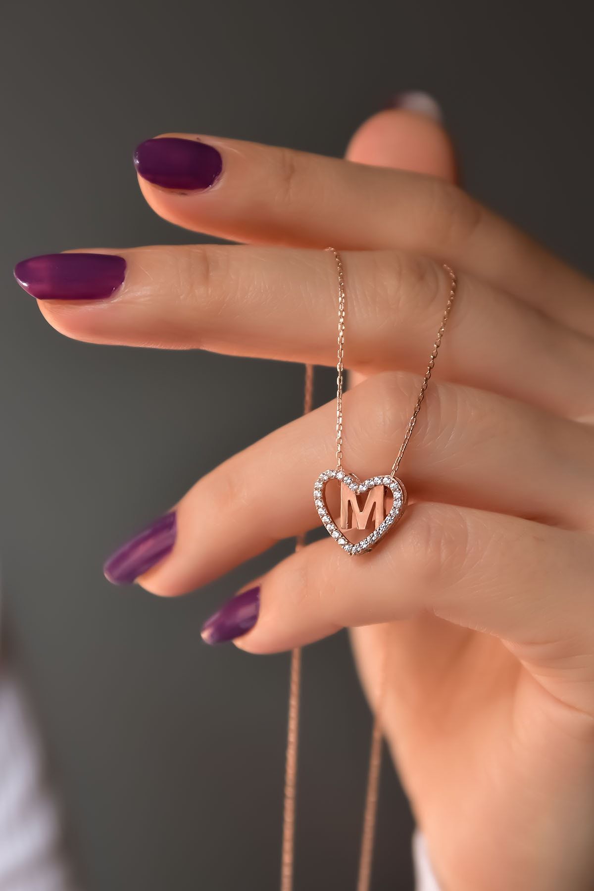 925 Ayar Papatya Silver Aşkın Harfi M Kalp Kolye.rose.gold.rodaj