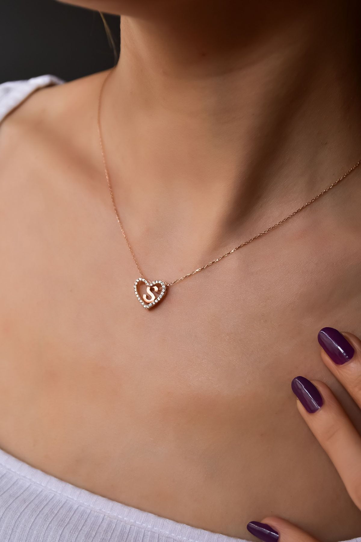 925 Ayar Papatya Silver Aşkın Harfi S Kalp Kolye.rose.gold.rodaj