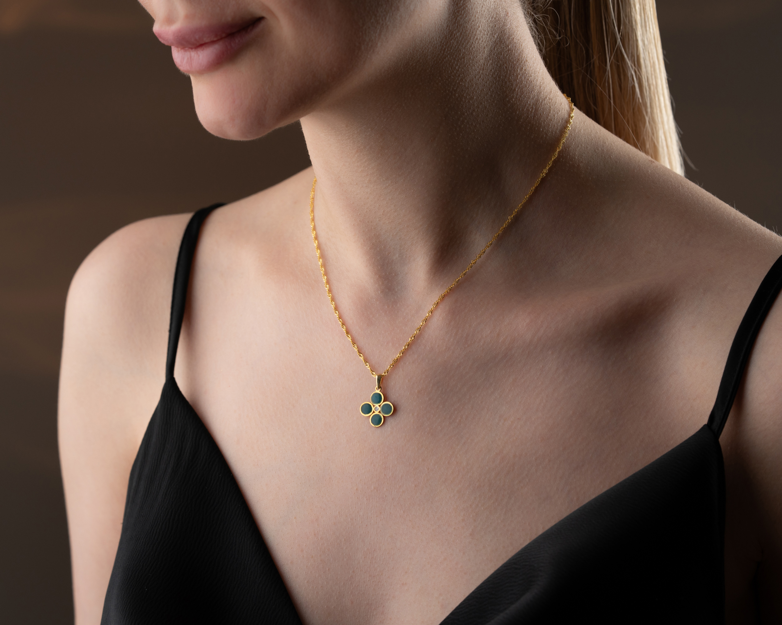 925 ayar Flamingo Silver dört yaprak deniz mavisi pırlanta kolye<rose,gold,rodaj>