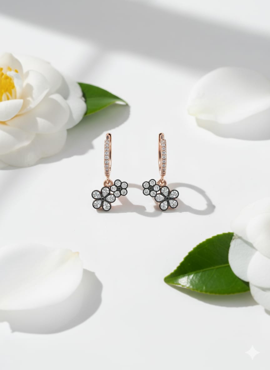 925 Ayar Flamingo Silver elmas taşlı çiçek küpe.elmas montürlü çiçek küpe.rose.gold.rodaj