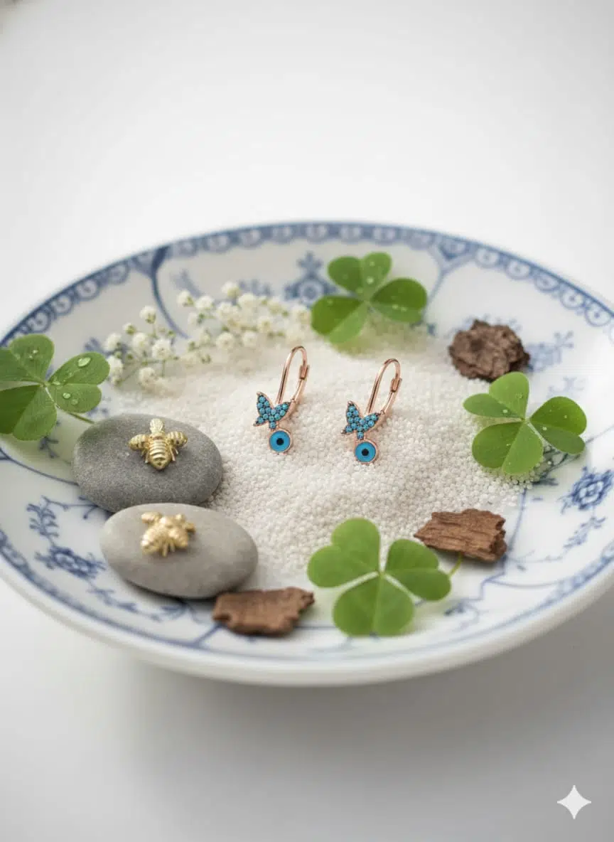 925 Ayar Flamingo Silver firuze taşlı nazar küpe.firuze kelebek küpe.nazar küpe.rose.gold.rodaj