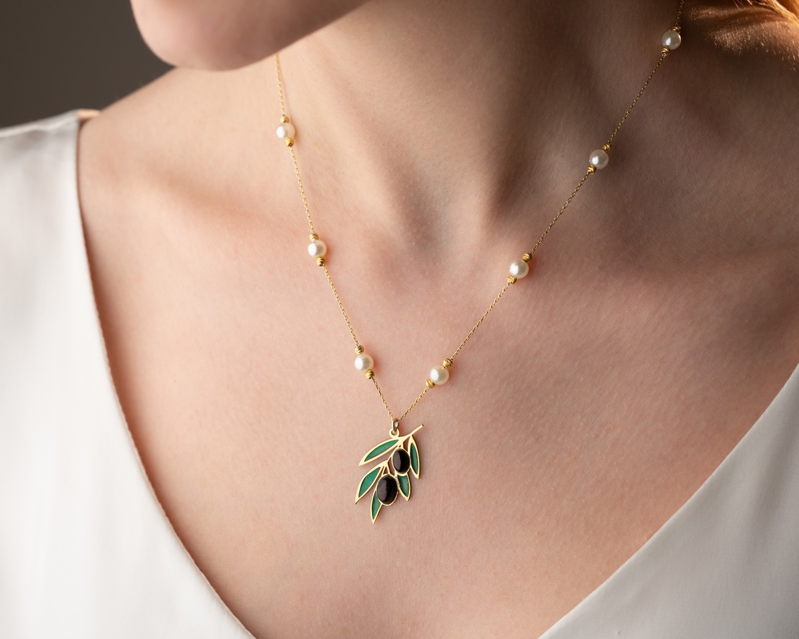 925 ayar Flamingo Silver inci zeytin kolye<rose,gold,rodaj>