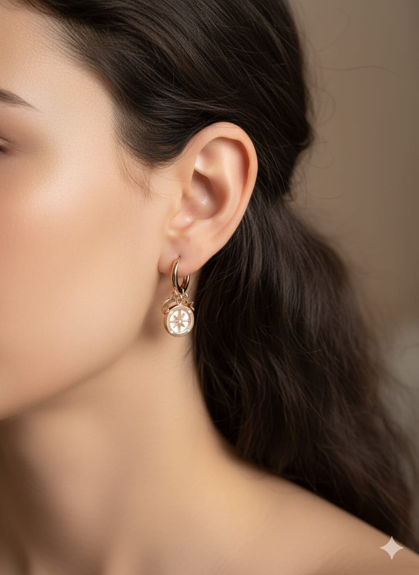 925 Ayar Flamingo Silver kutup yıldızı küpe.ay yıldız küpe.rose.gold.rodaj