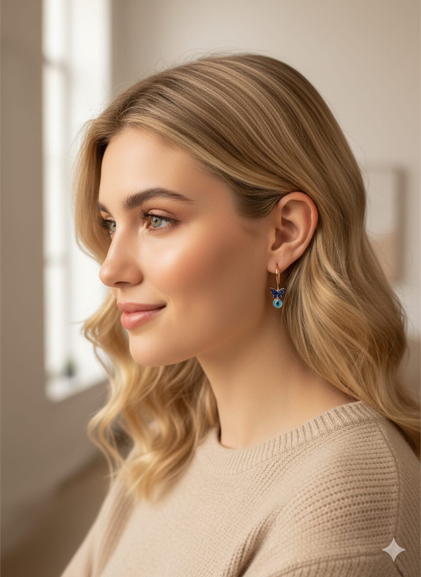 925 Ayar Flamingo Silver Özel Tasarım Safir Taşlı Kelebek Küpe.Nazarlı Kelebek Küpe.rose.gold.rodaj