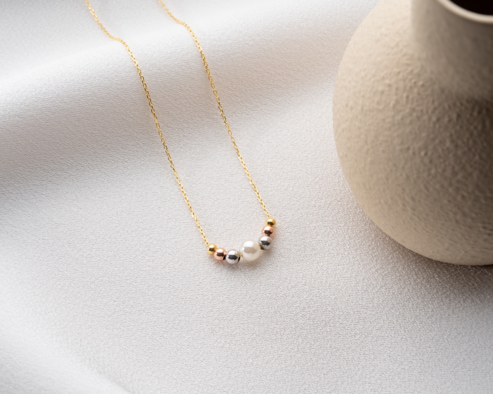 925 ayar Flamingo Silver parlak doricalı inci kolye<ı,özel kolye<rose,gold,rodaj>