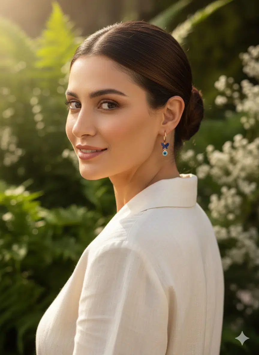 925 Ayar Flamingo Silver safir taşlı nazar gözlü kelebek küpe.nazar küpe.rose.gold.rodaj