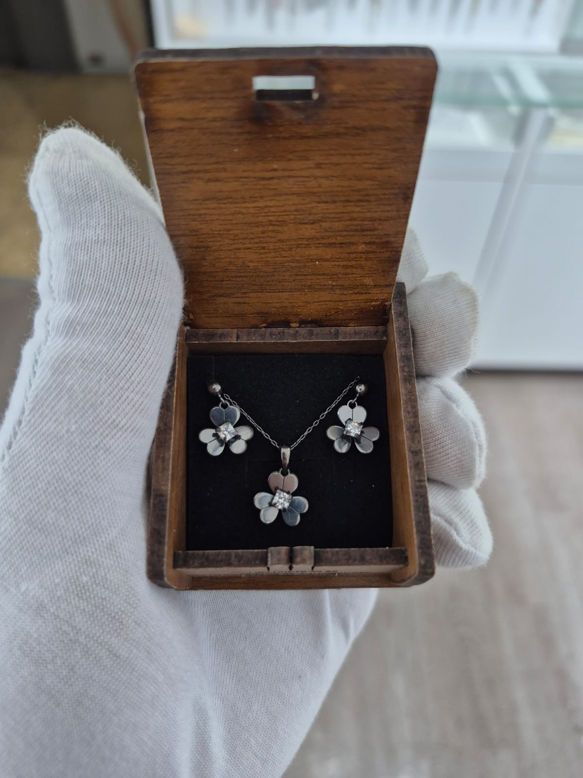 925 AYAR Flamingo Silver siyah rodaj 3 yaprak yonca takım.yonca.tektaş yonca takım.rose.gold.rodaj