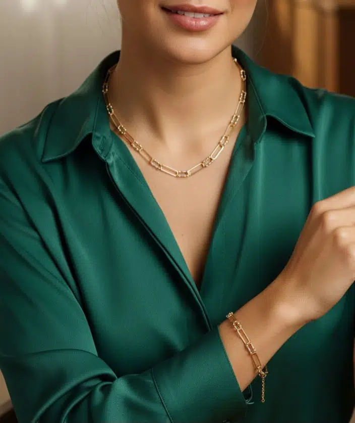 925 Ayar Flamingo Silver Tasarım Üç Renk Dorika Toplu Ataç Kolye Ve Bileklik Set.rose.gold.rodaj