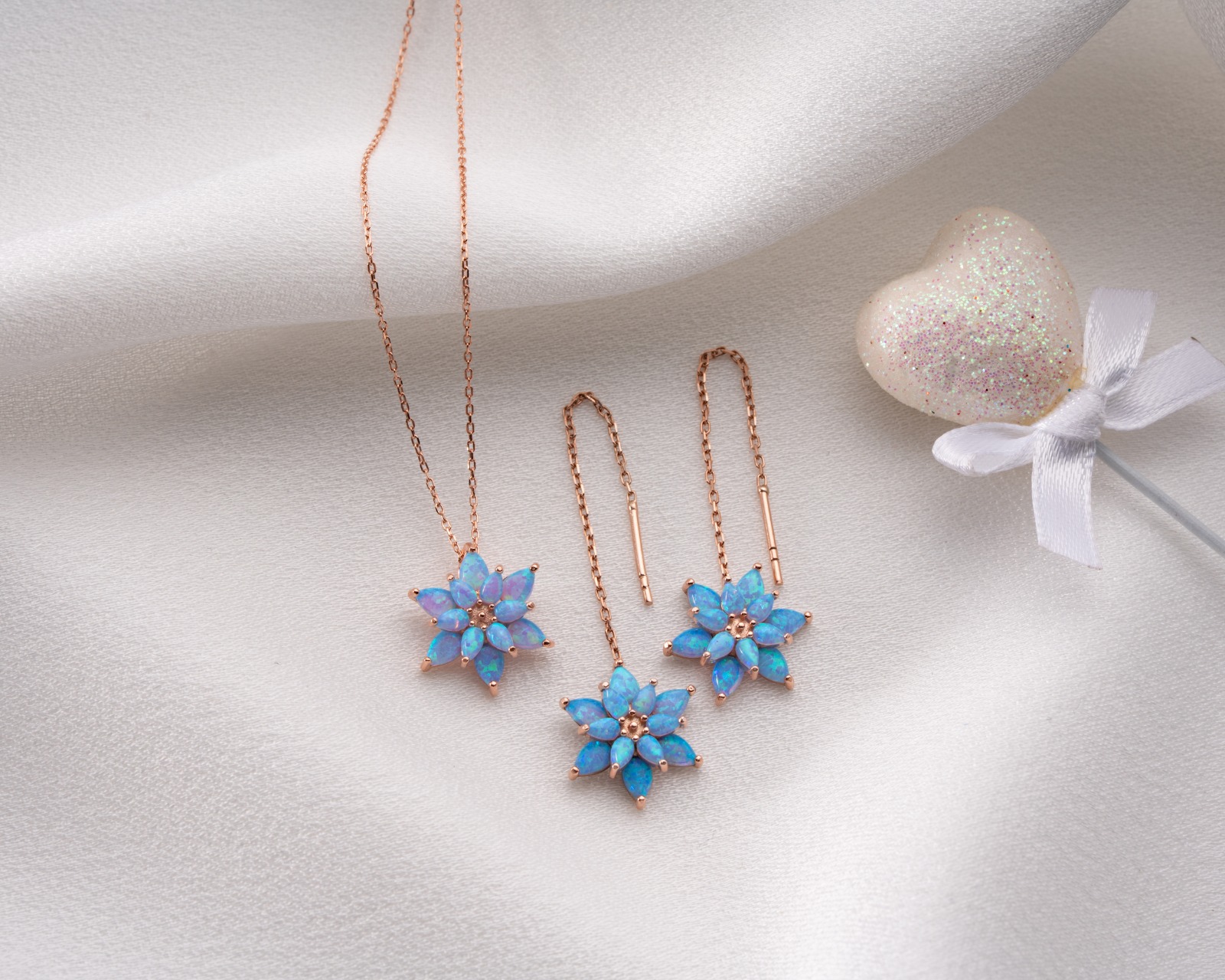 925 AYAR Flamingo Silver turkuaz opal küpe,kolye set.opal takım.manolya set.rose.gold.rodaj