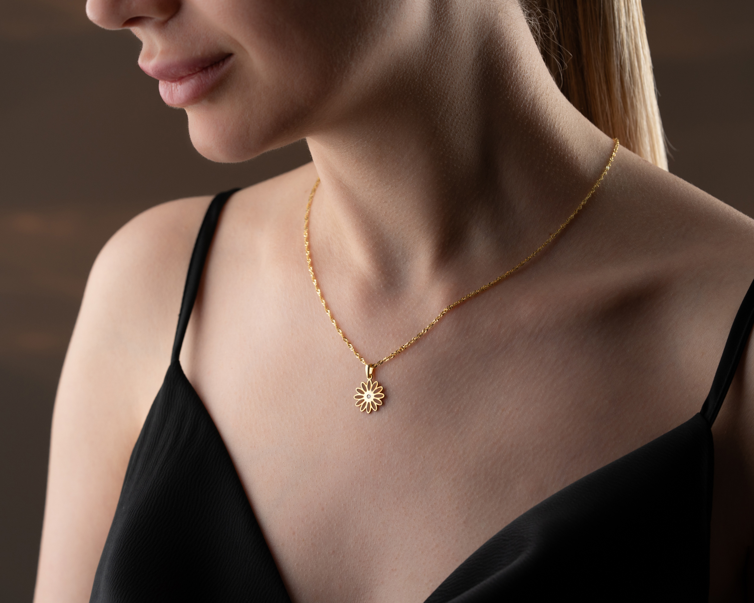 925 ayar Flamingo Silver turuncu papatya pırlanta kolye<rose,gold,rodaj>