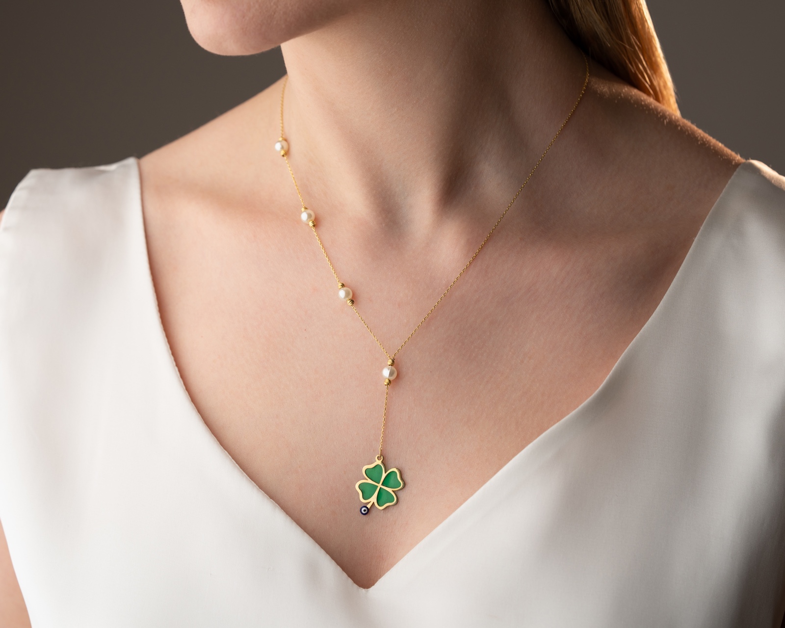 925 ayar Flamingo Silver yeşil yonca Y kolye<yeşil yonca incili kolye<rose,gold,rodaj>