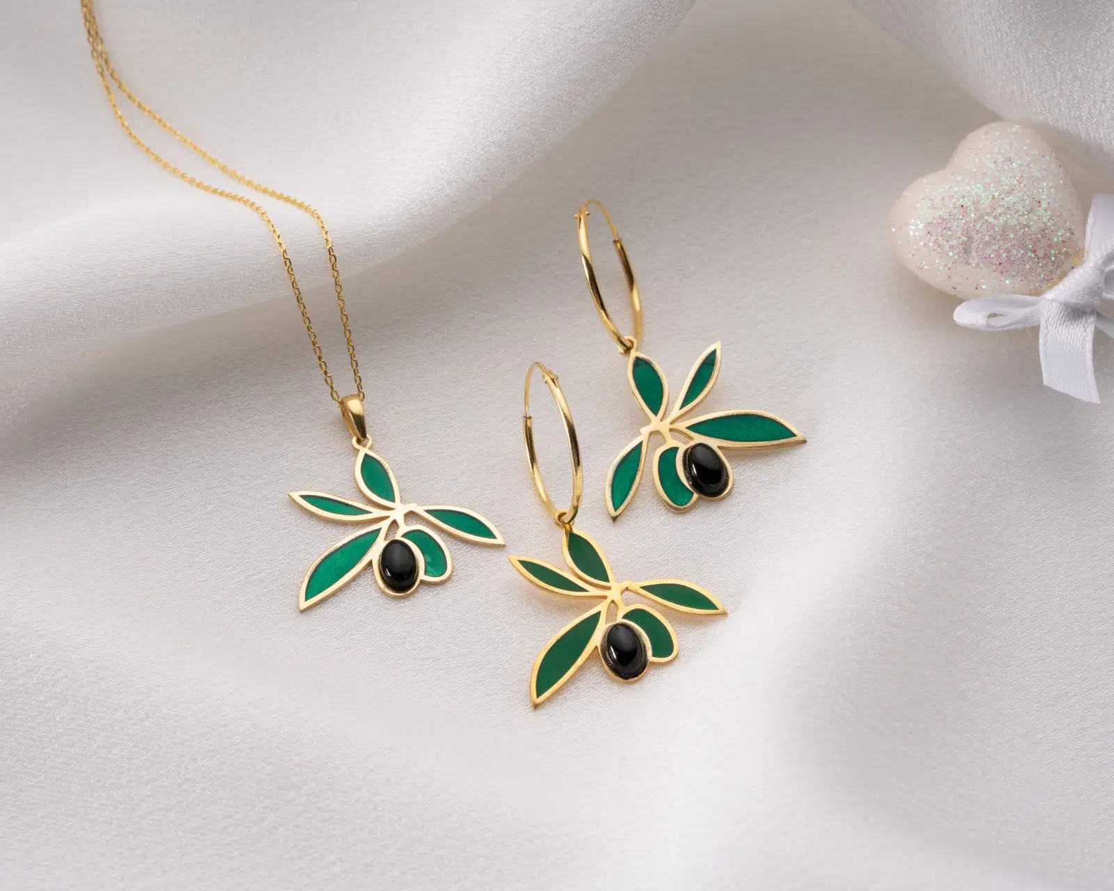 925 Ayar Flamingo Silver zeytin kolye küpe set.onix taşlı zeytin set.doğum taşlı zeytin set.rose.gold.rodaj