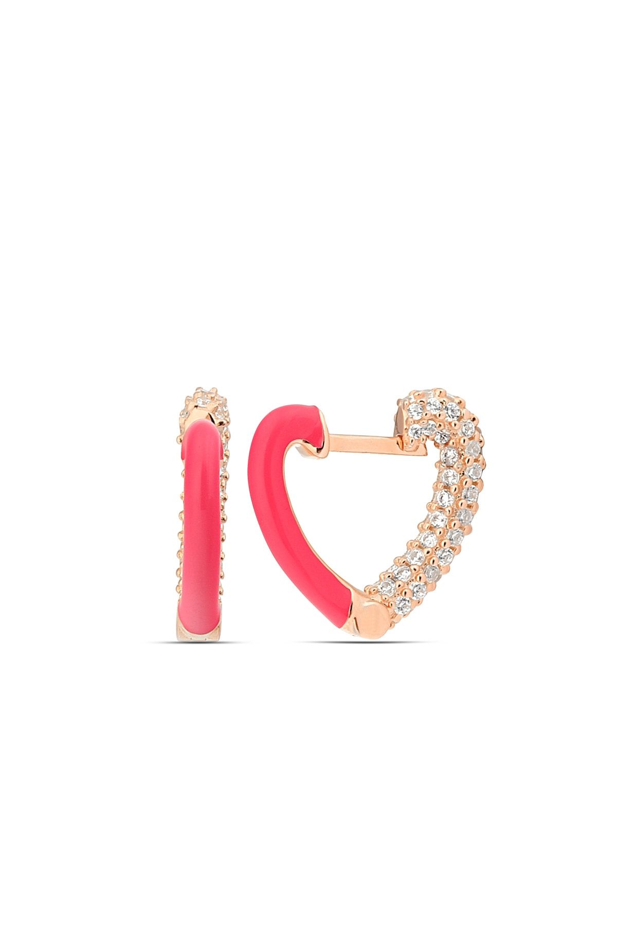 925 Ayar Pembe Kalp Mode Taşlı Gümüş Kadın Küpe