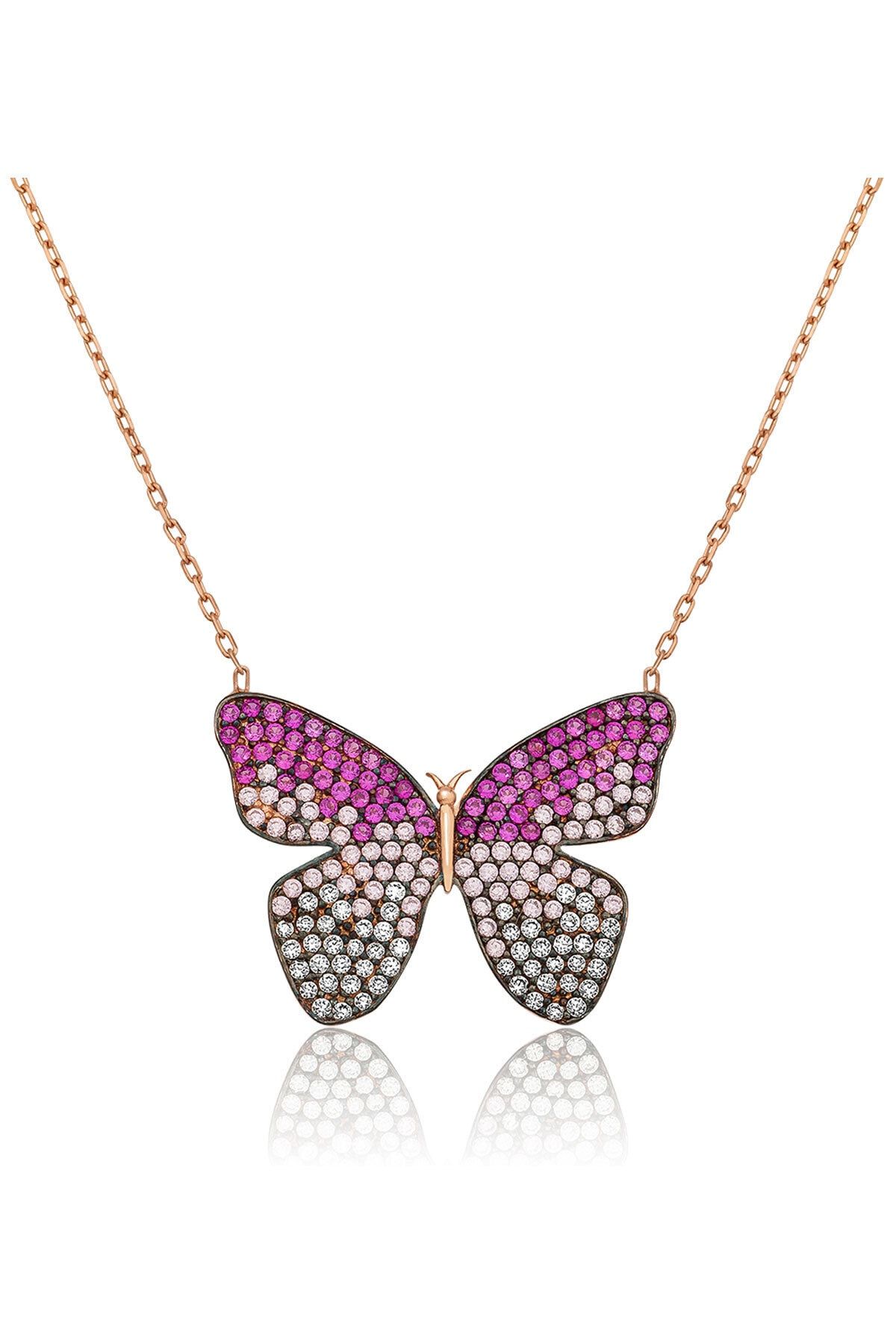 925 Ayar Pembe Zirkon Taşlı Gümüş Kelebek Kolye