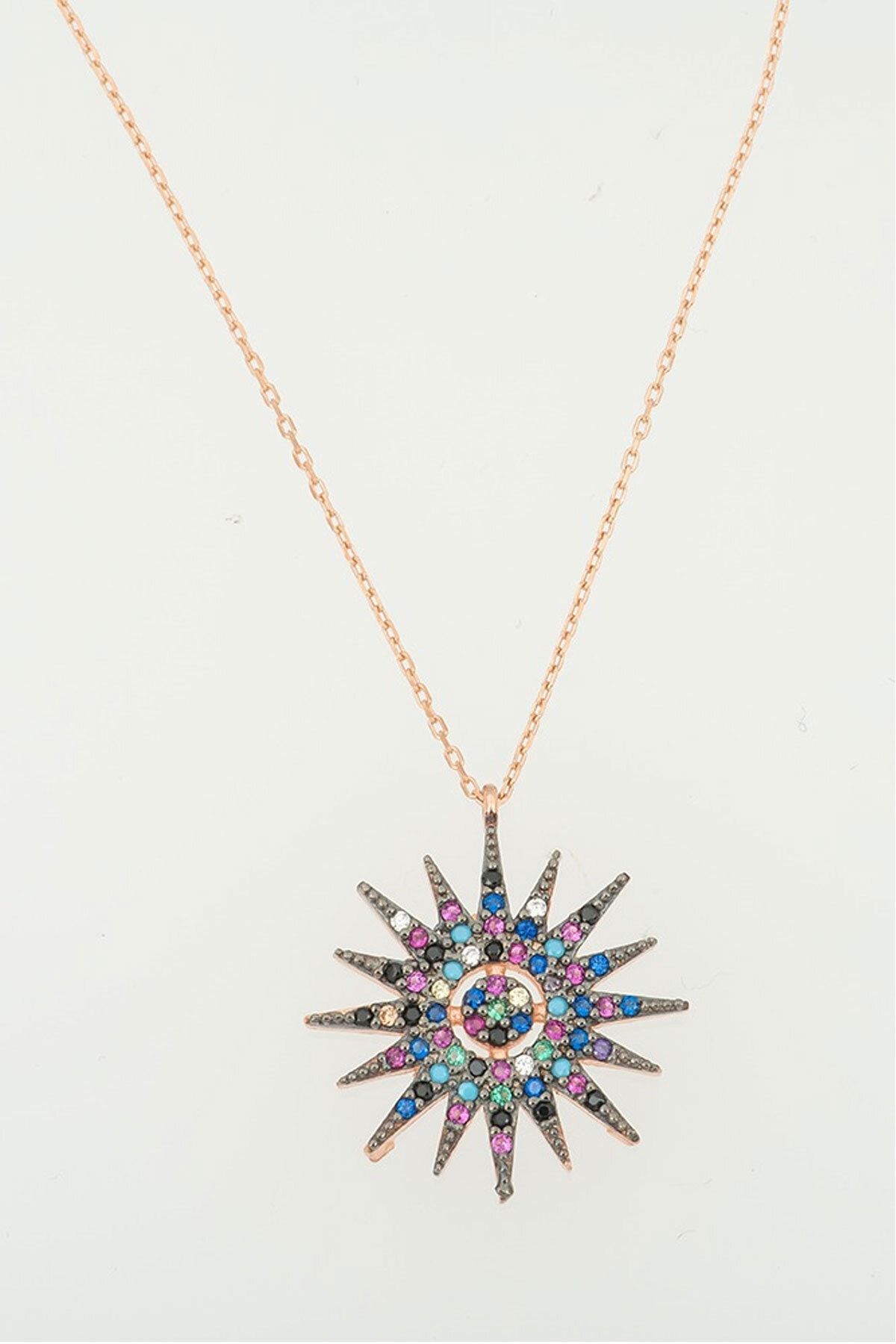 925 Ayar Renkli Zirkon Taşlı Gümüş Güneş Kolye