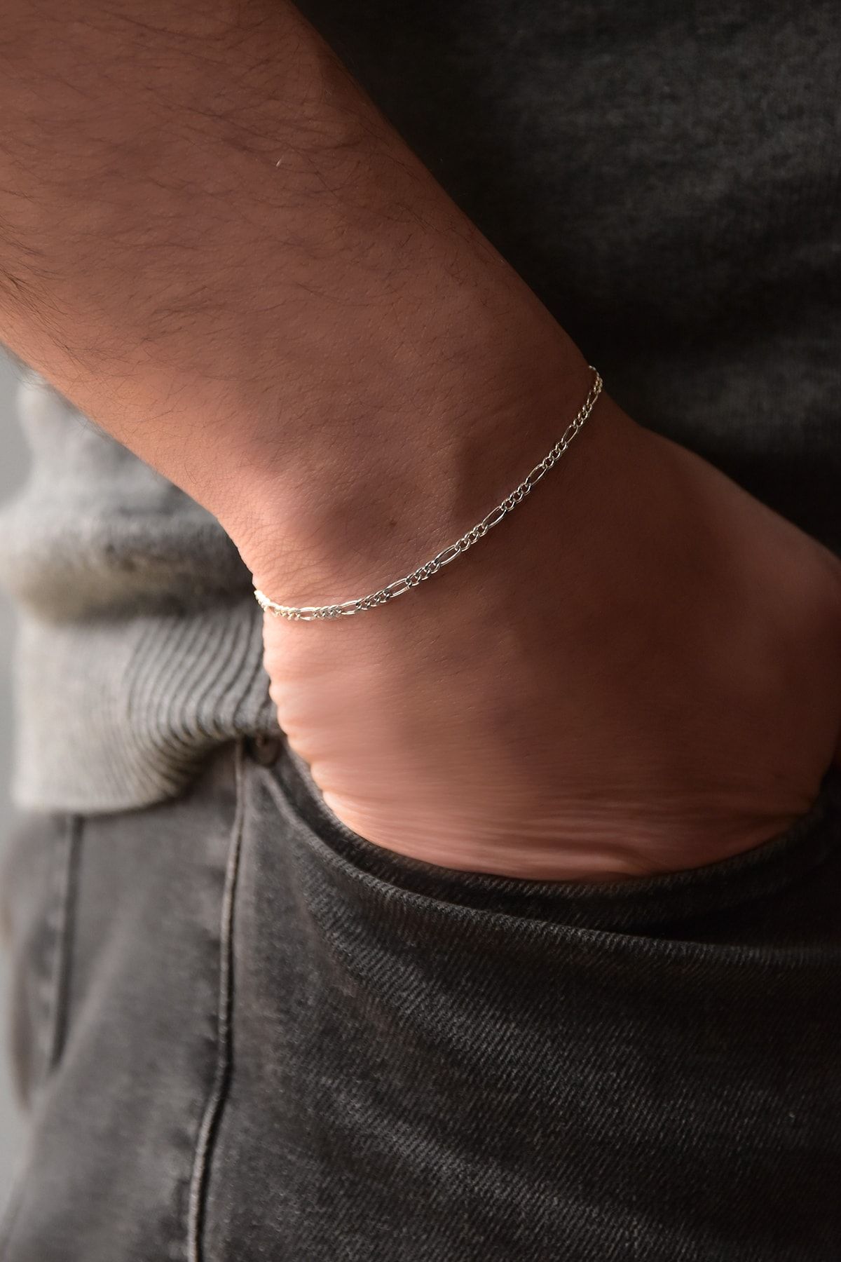 925 Ayar Rodyum Kaplama Erkek Figaro Gümüş Zincir Bileklik