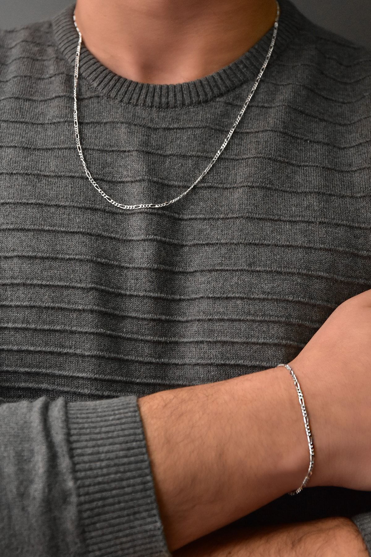 925 Ayar Rodyum Kaplama Erkek Figaro Gümüş Zincir Kolye Bileklik Set