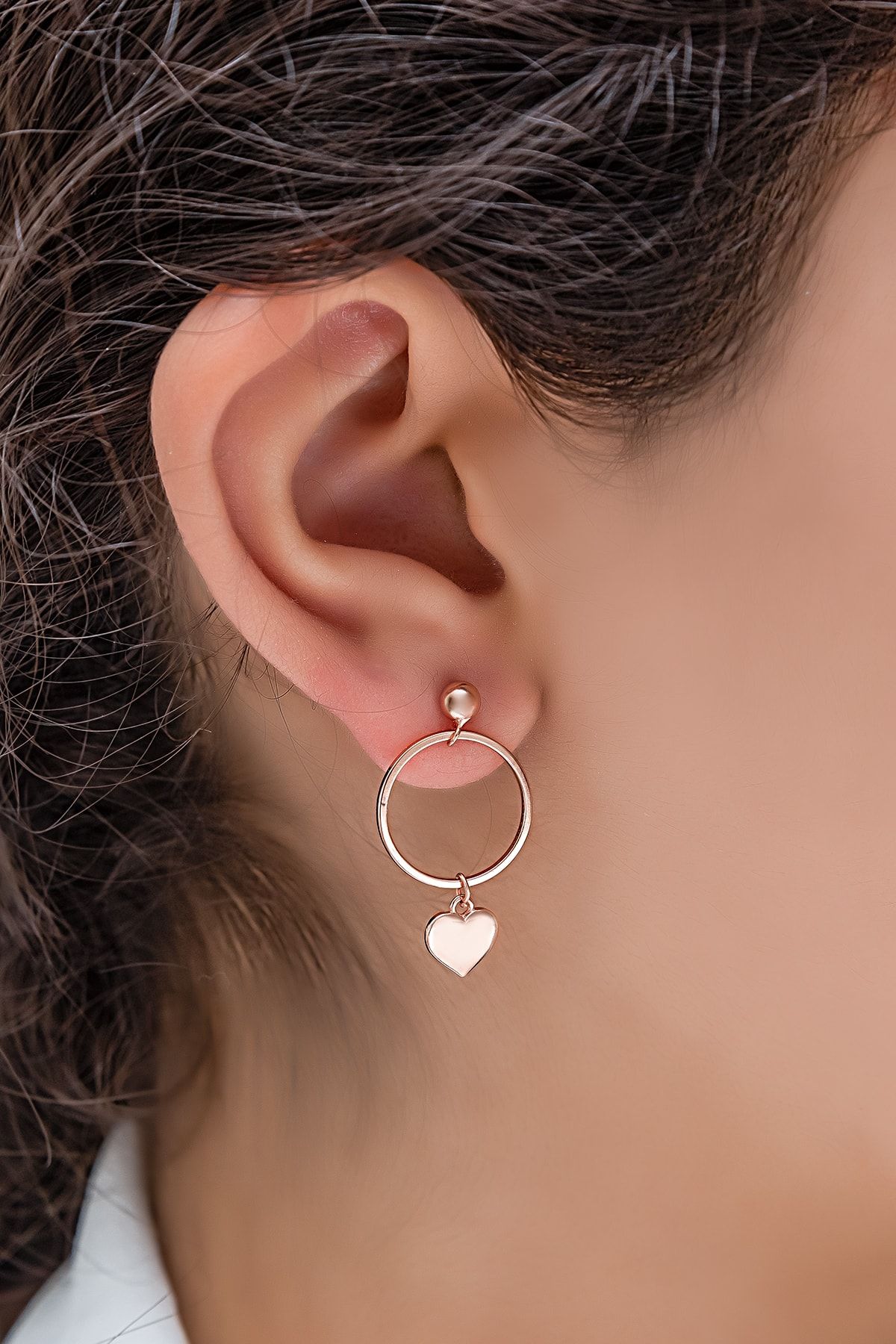 925 Ayar Rose Altın Çift Kalpli Halka Gümüş Küpe