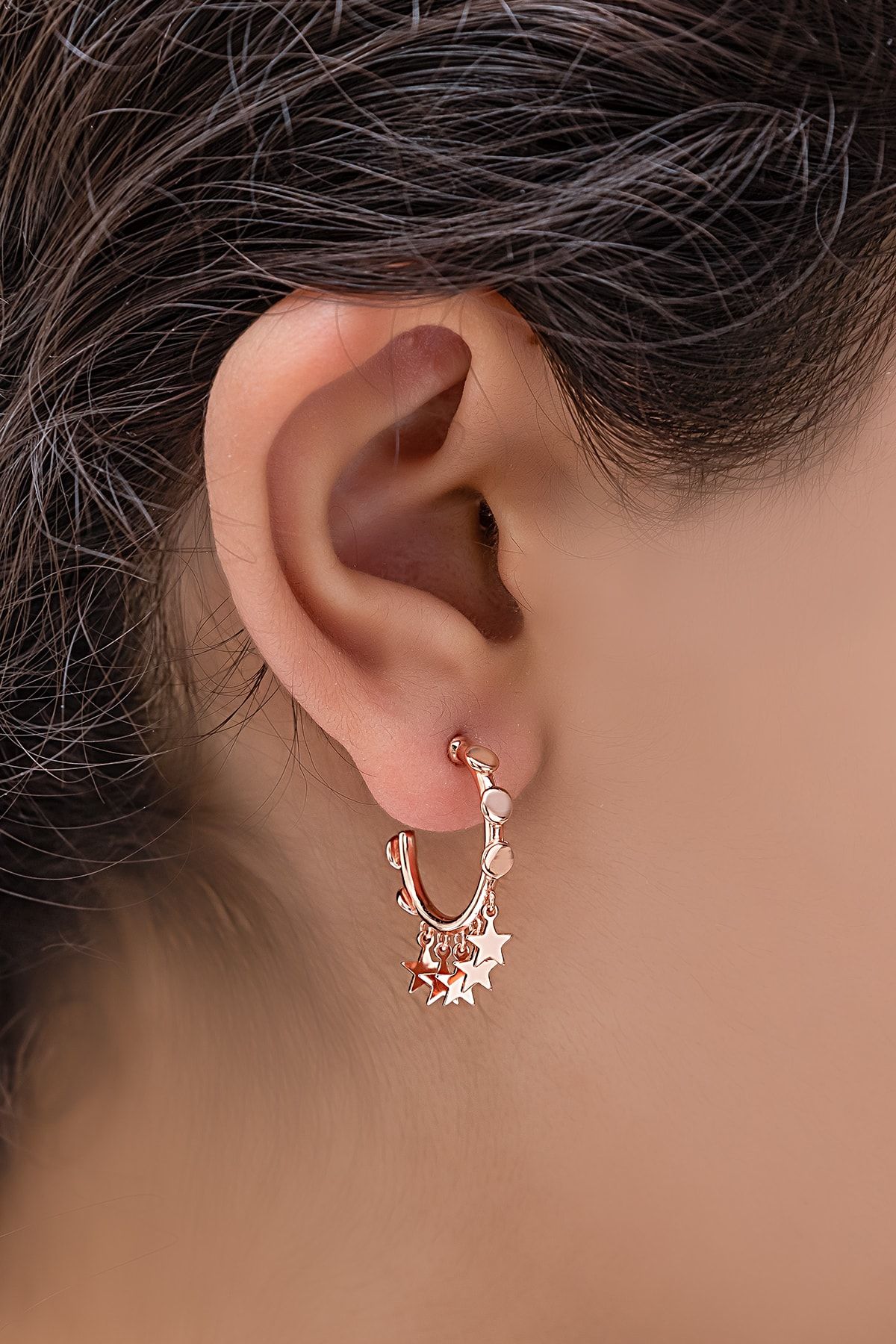 925 Ayar Rose Altın ÇİFT Yıldız Halka Gümüş Küpe